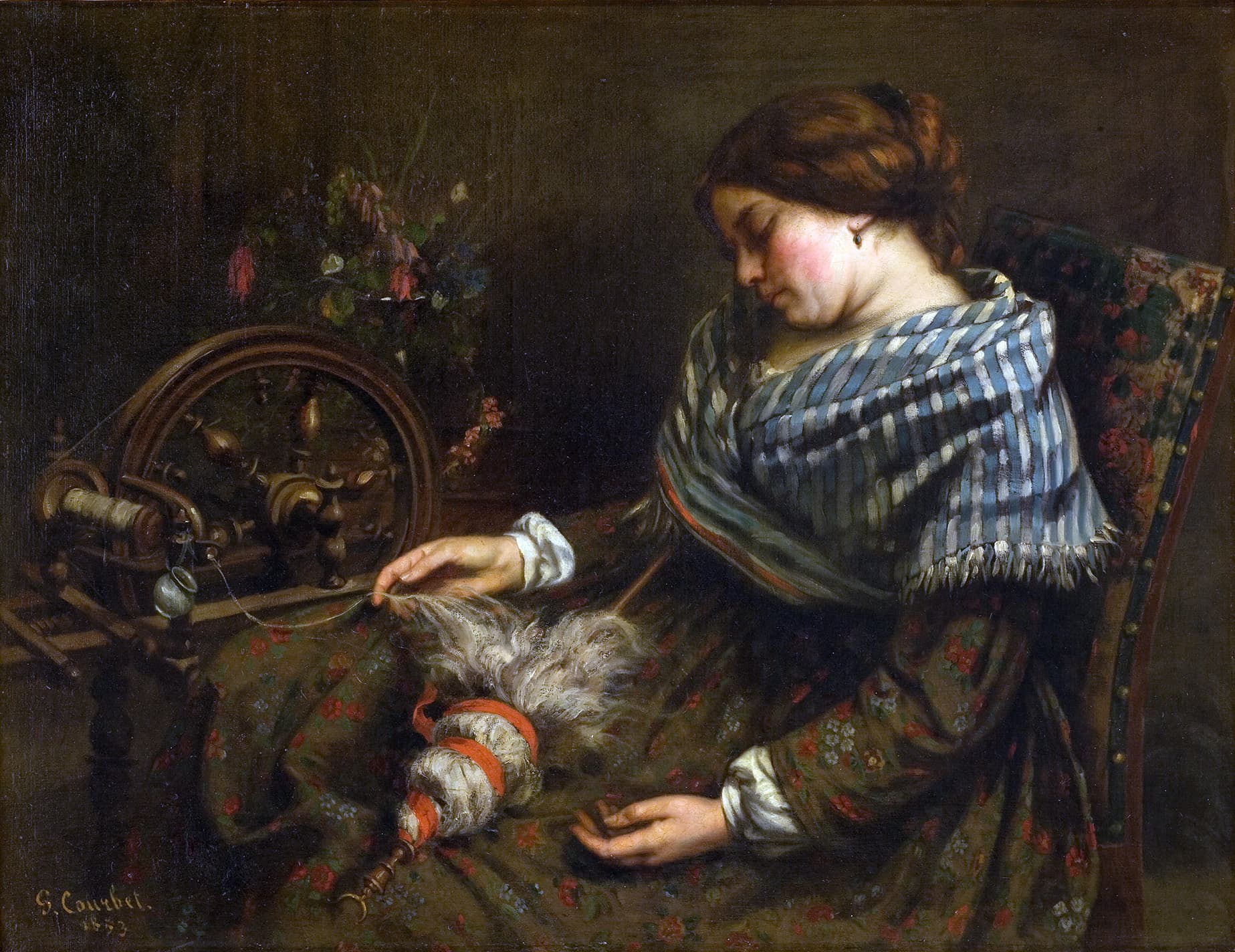 A young woman in a striped shawl sleeps in a chair beside her spinning wheel, with a distaff of wool across her lap.