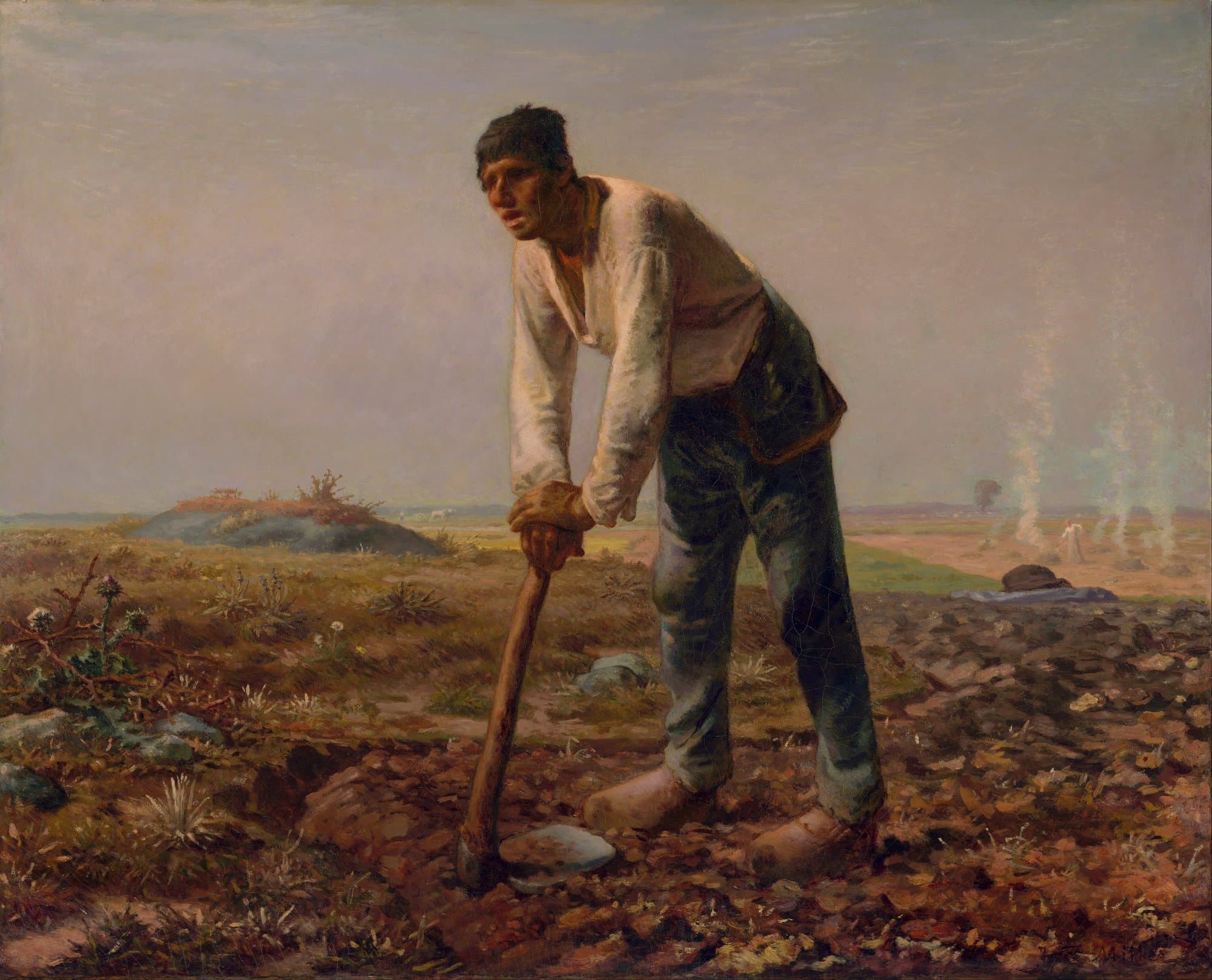 A peasant in a white shirt leans with both hands on his hoe in a stony field of thistles, bent and breathing hard, as smoke rises from the plain behind him.