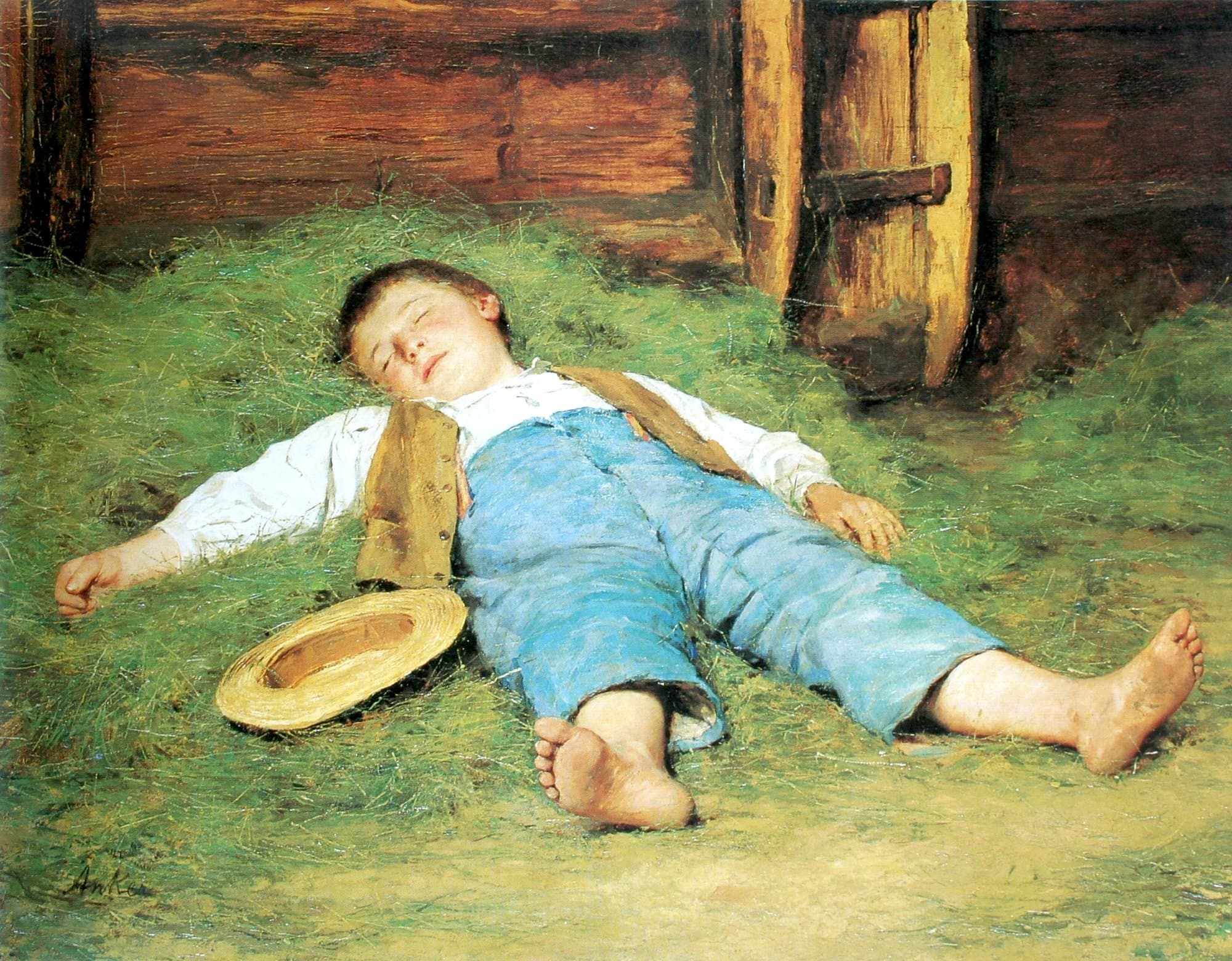 A barefoot boy in blue trousers, a white shirt and a brown waistcoat lies asleep on his back in the hay, his straw hat beside him and a wooden barn wall behind.