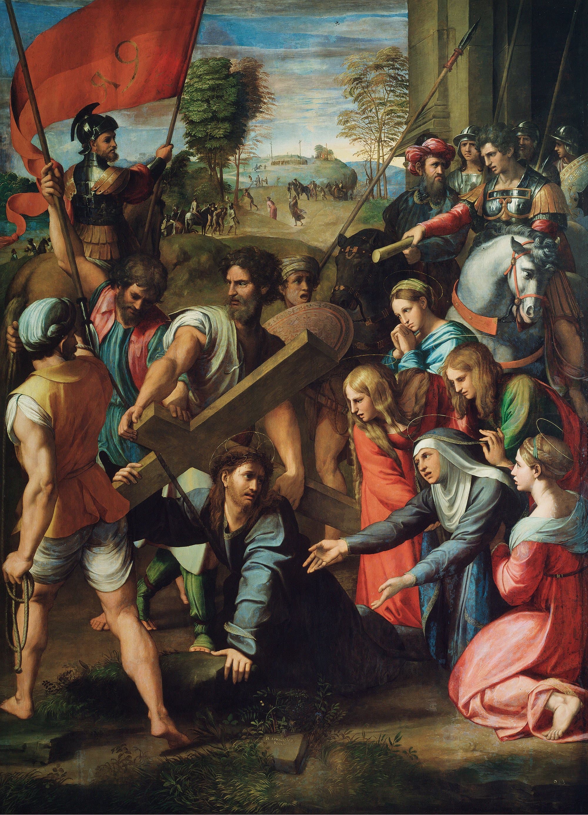 A painting of Christ fallen to the ground under the cross, reaching toward His mother and the women who kneel with outstretched hands, while soldiers with spears and a red banner crowd around.