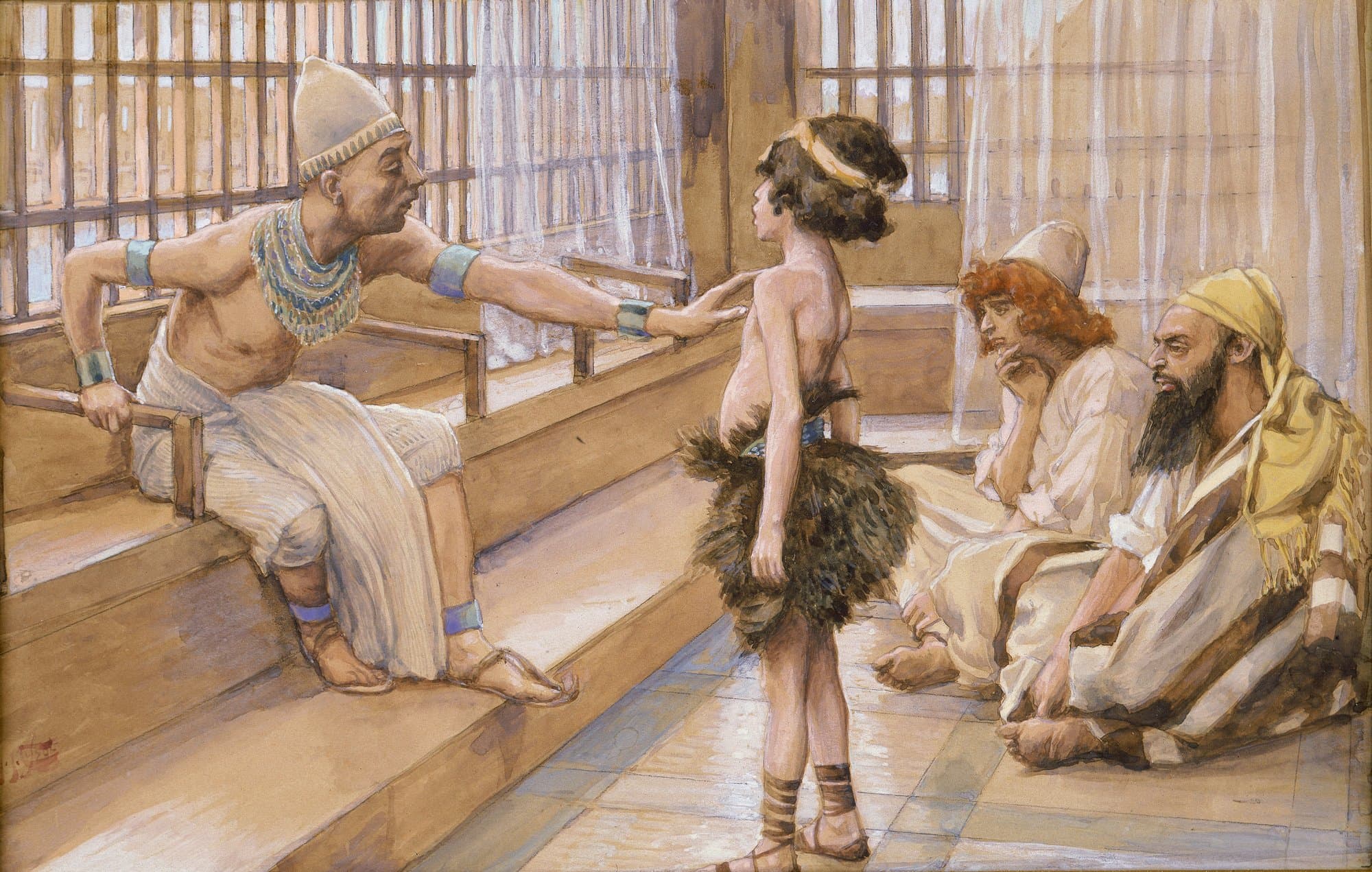 A watercolour of a barefoot boy in a skin tunic standing before a seated Egyptian official who reaches out to touch his chest, while two traders sit nearby and watch.