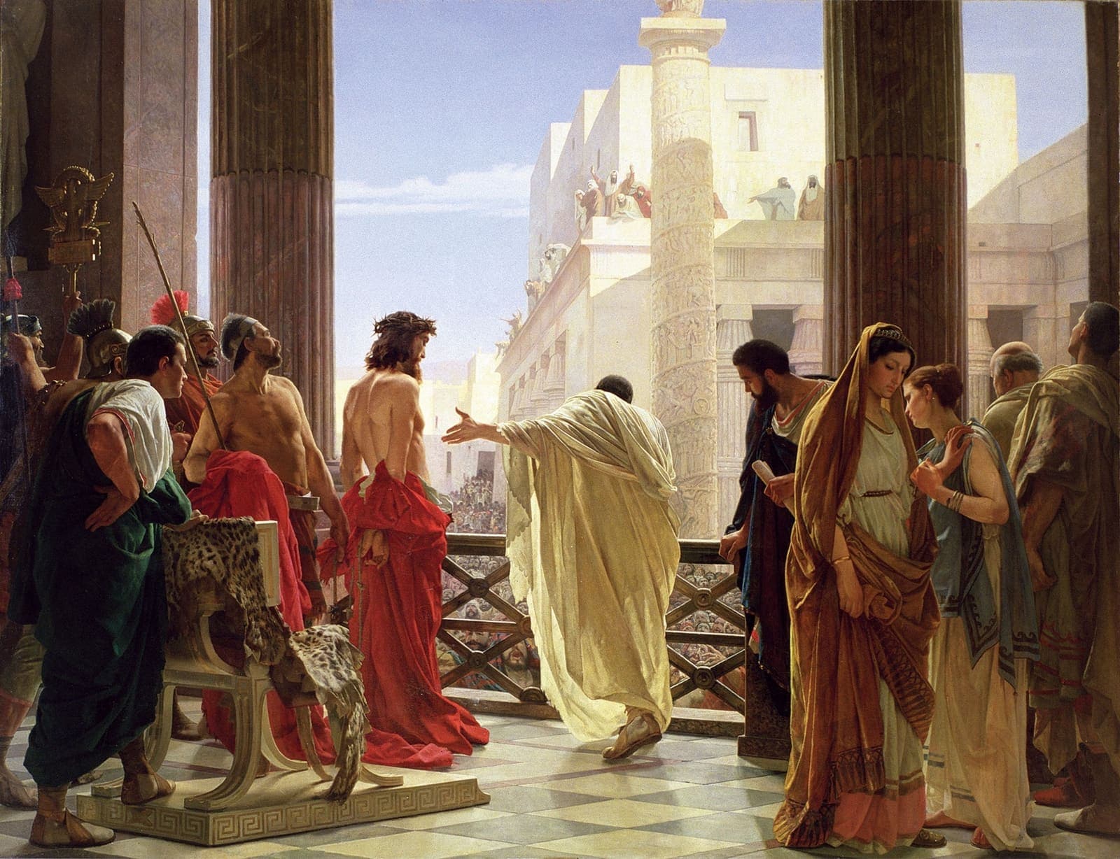 Ecce Homo: Pilate presents the scourged Christ to the crowd on a balcony above Jerusalem