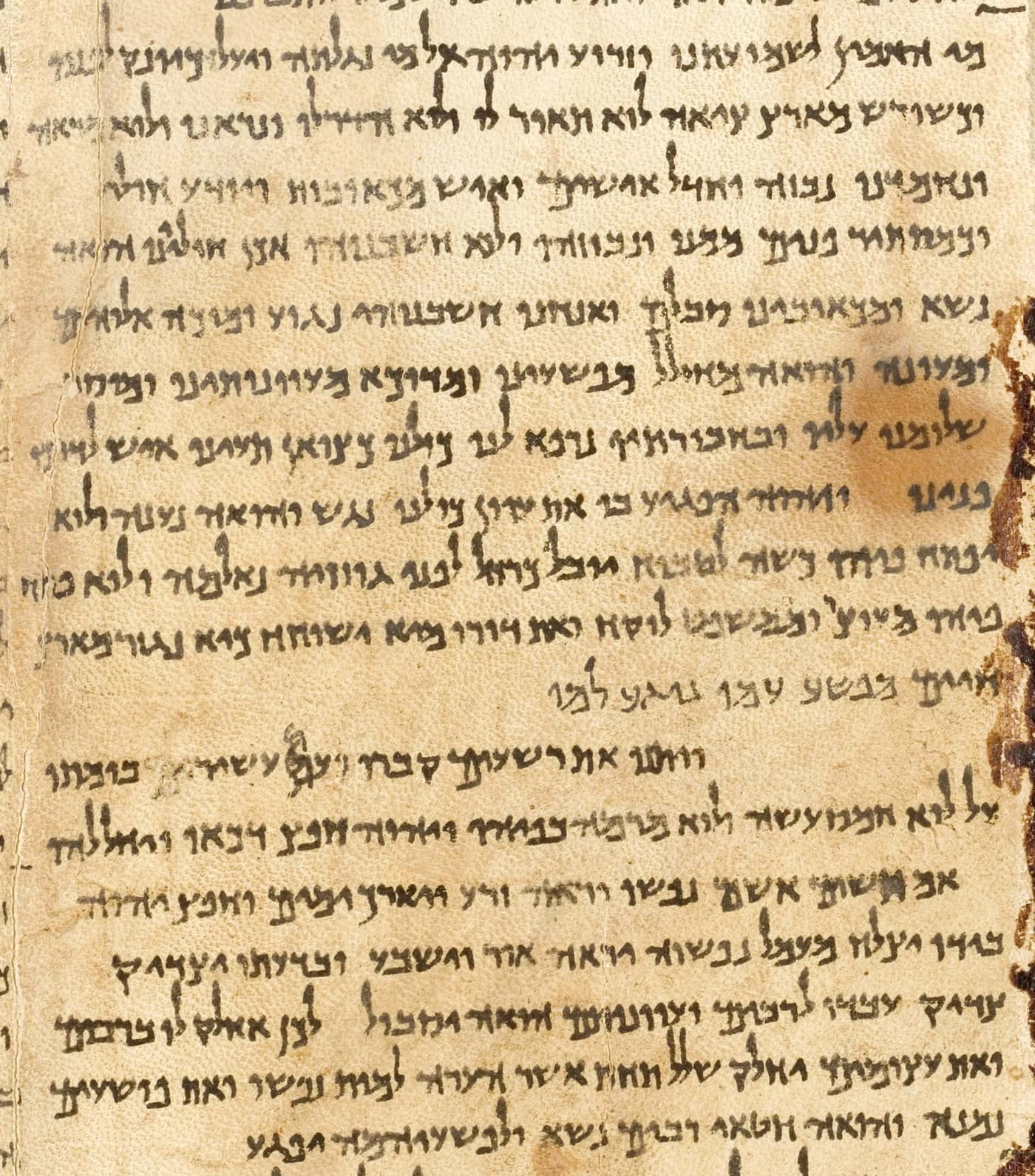 A section of the Great Isaiah Scroll showing the Hebrew text of Isaiah 53 on aged parchment