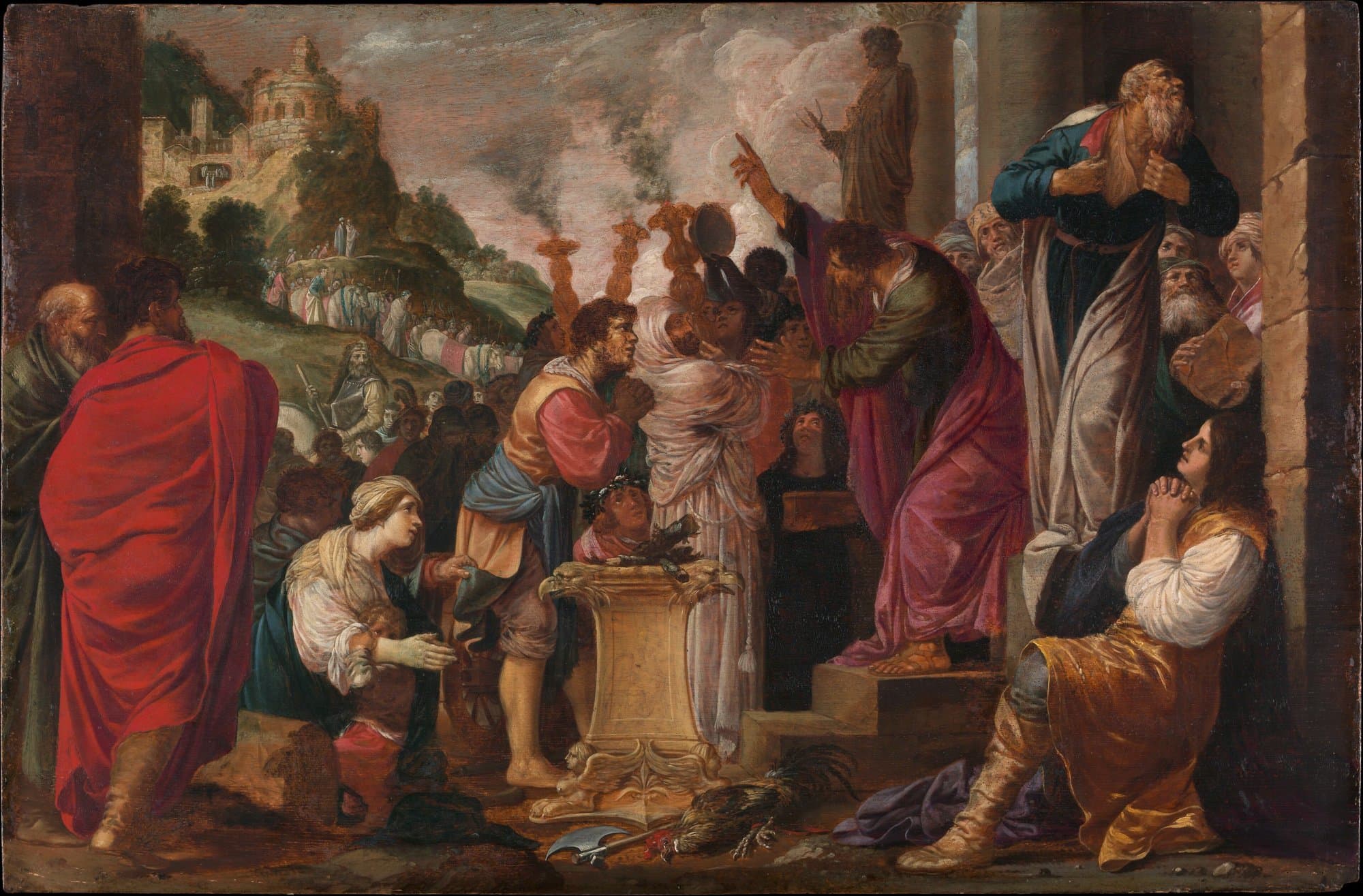 A painting of a crowd bringing garlands and a bull to an altar before two men on a temple step, one tearing his robe and the other pointing upward, while a kneeling man prays at the right.