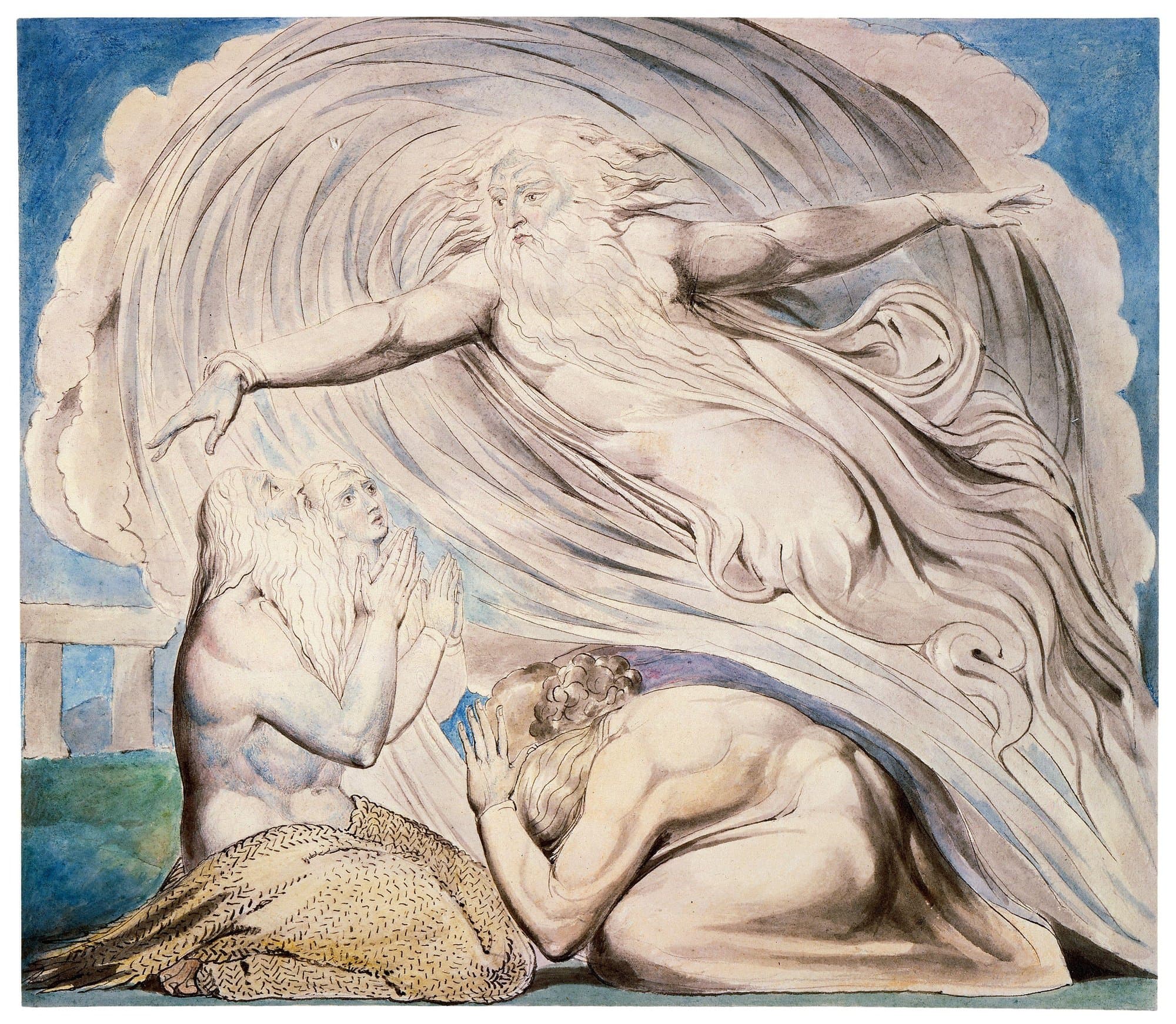 A watercolour of a bearded figure with outstretched arms riding a great spiral of white wind above three kneeling figures, two with hands folded in prayer and one bowed to the ground.
