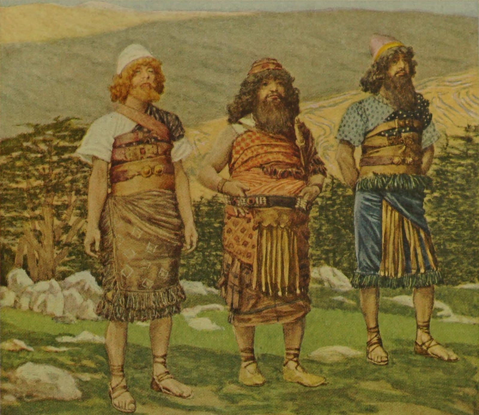 Three bearded men in belted tunics and sandals stand side by side on a grassy hillside, with bare hills and dark trees behind them