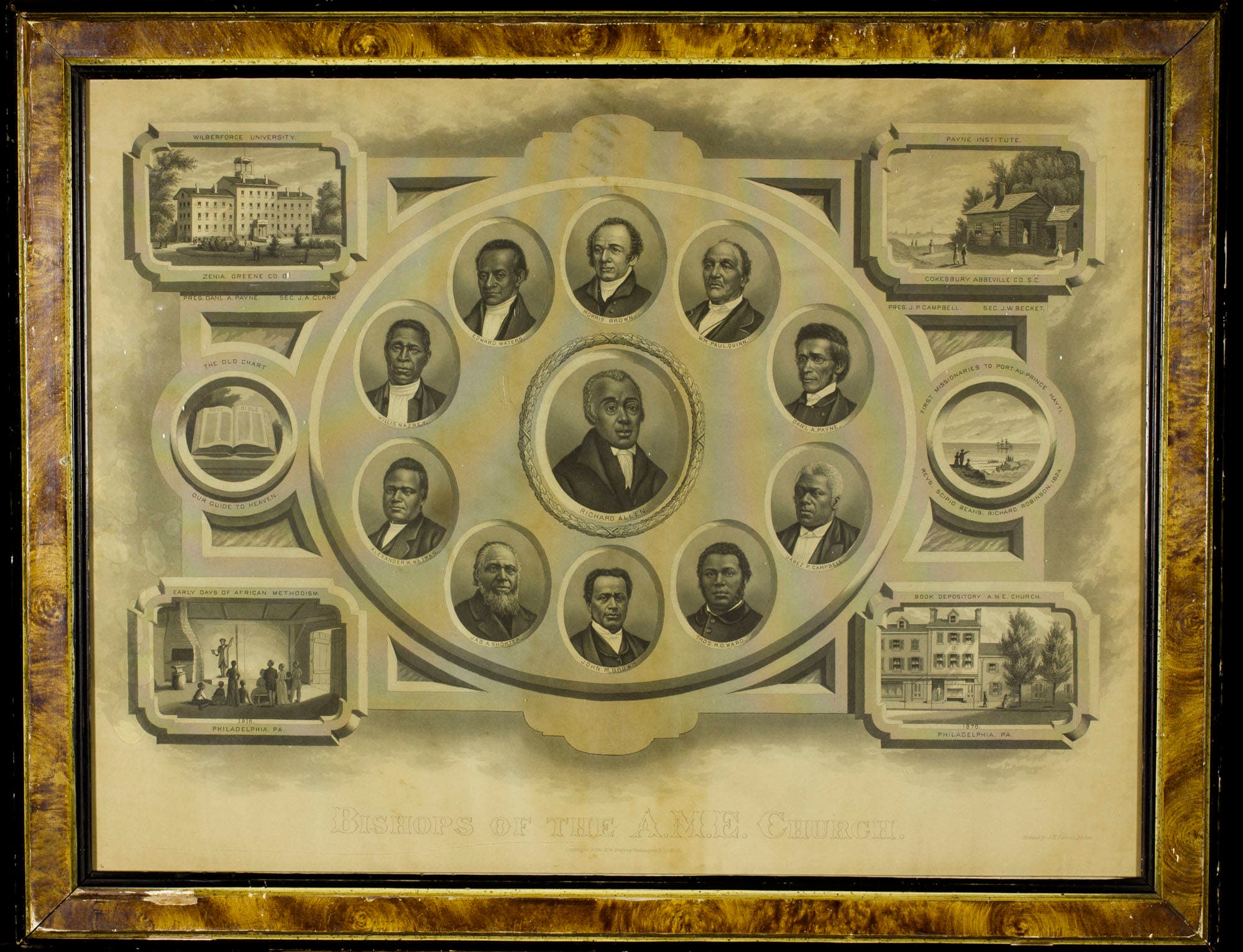 An engraved sheet with a wreathed portrait of Richard Allen at the centre and ten bishops in ovals around him. Small scenes stand at the corners, one labelled Early Days of African Methodism, 1816.