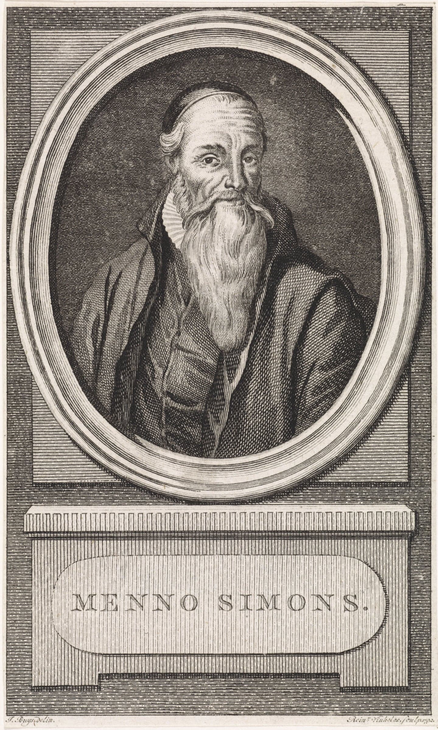 An engraved portrait of Menno Simons with a long white beard and a skullcap, in an oval frame above a stone tablet that carries his name.