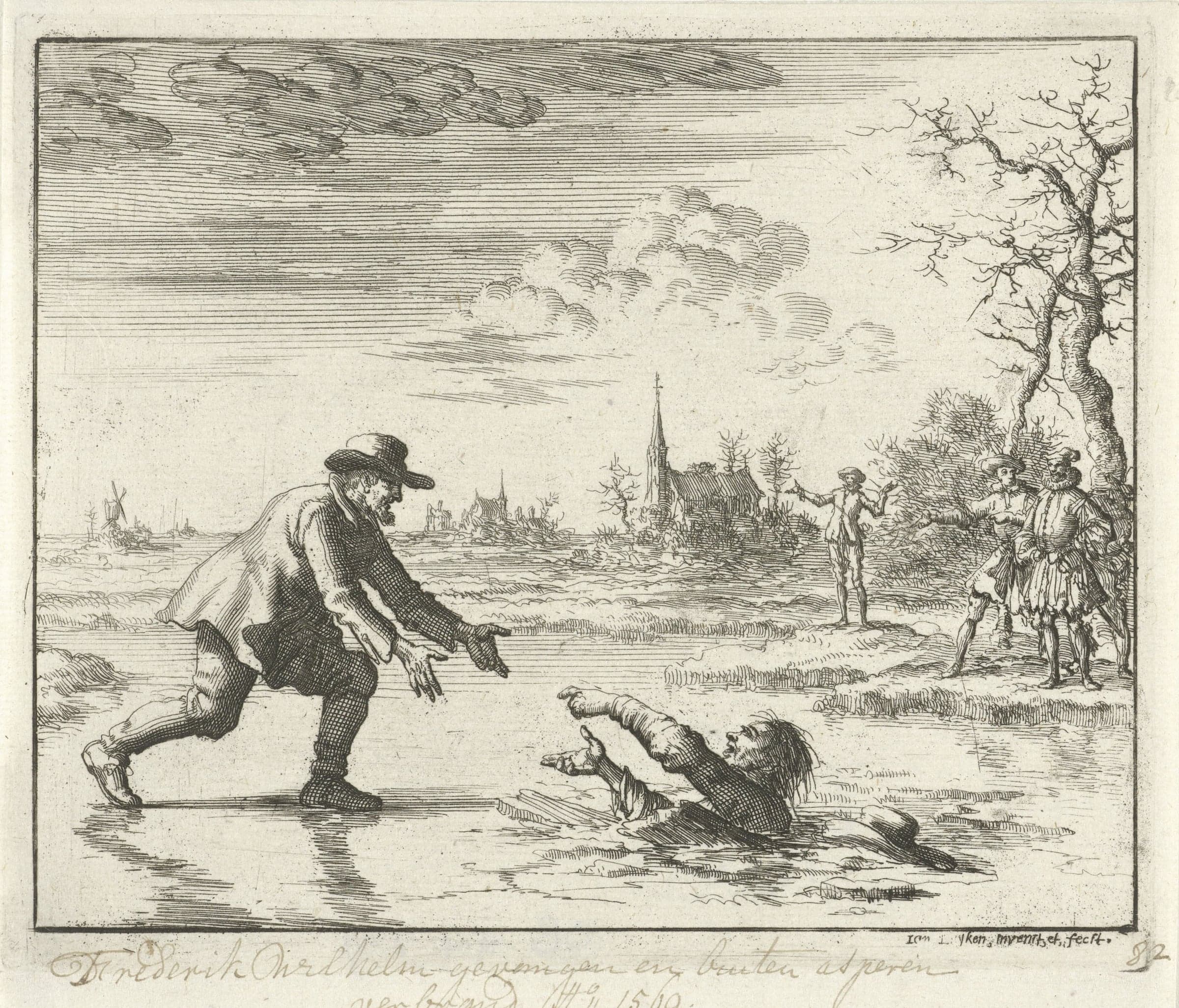 An etching of a man on a frozen river reaching back with both hands toward a pursuer who has fallen through the ice, with a church tower and windmill on the far bank.