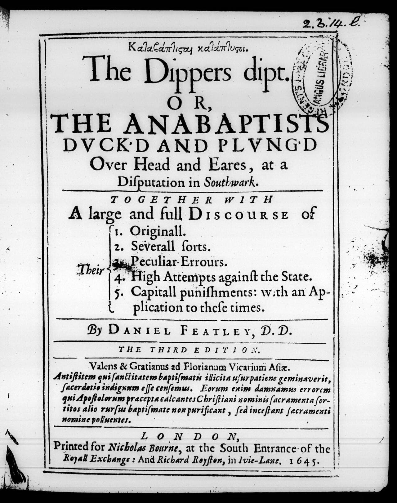 The title page of The Dippers Dipt, printed in London in 1645, with the title in large capitals, a numbered list of the book's contents and a library stamp in the top corner.
