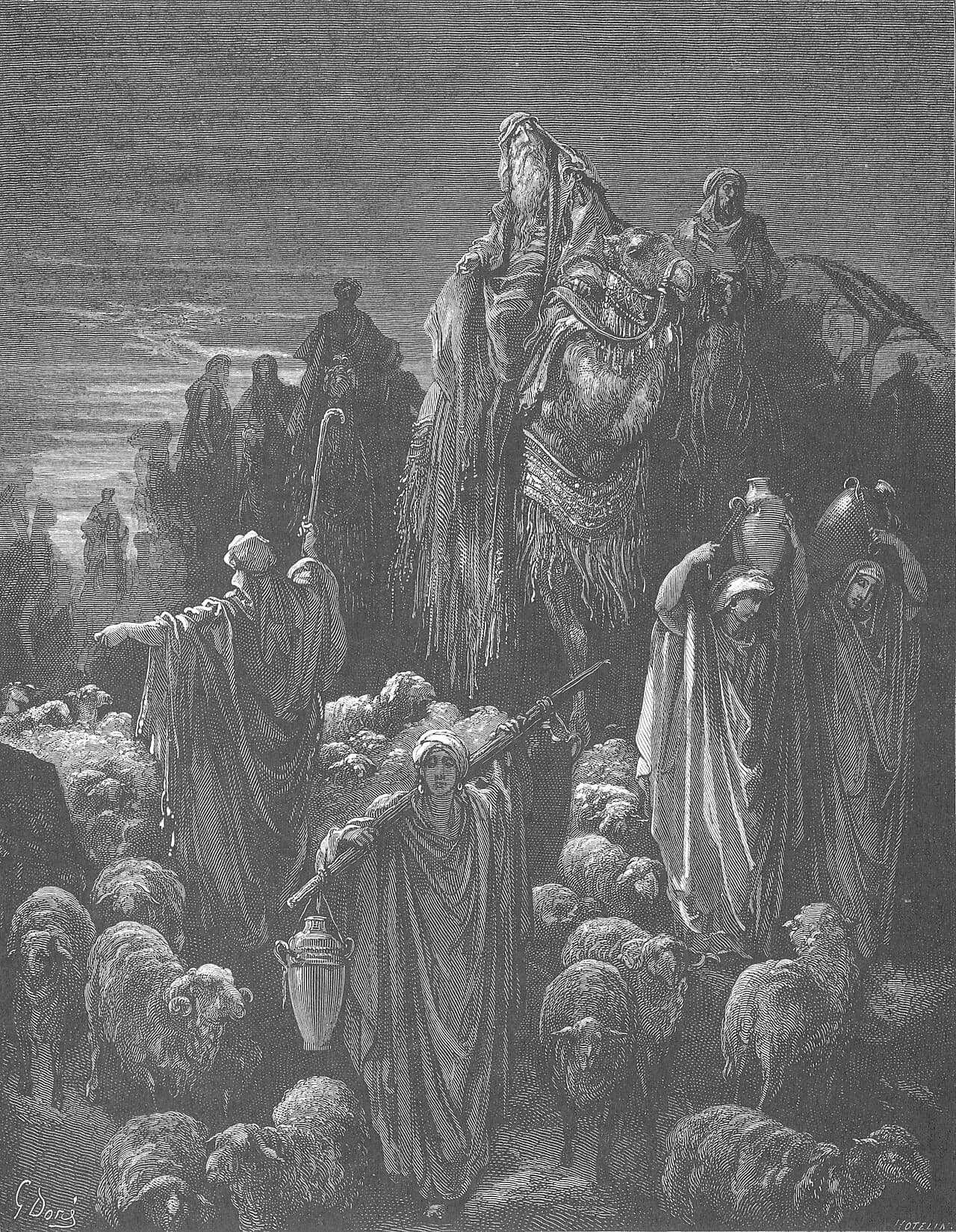 An old bearded man in a robe rides a camel at the head of a caravan at dusk, while women carrying water jars, a man with a staff and a crowd of sheep move along the path below him.