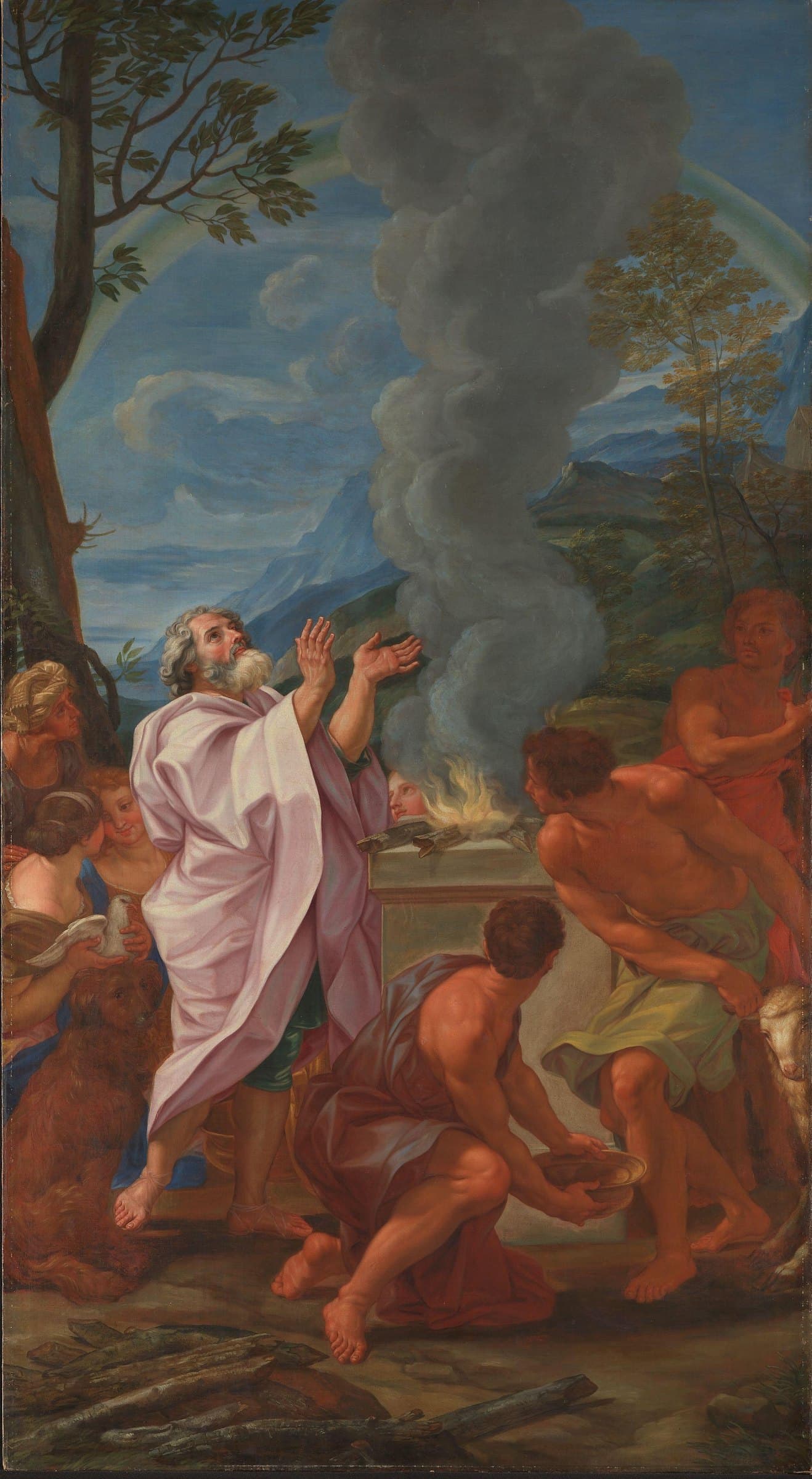 A white-bearded man in a pink robe lifts his hands toward smoke rising from a fire on a stone altar under a rainbow, while a kneeling man holds out a basin at the altar and others lead a ram.