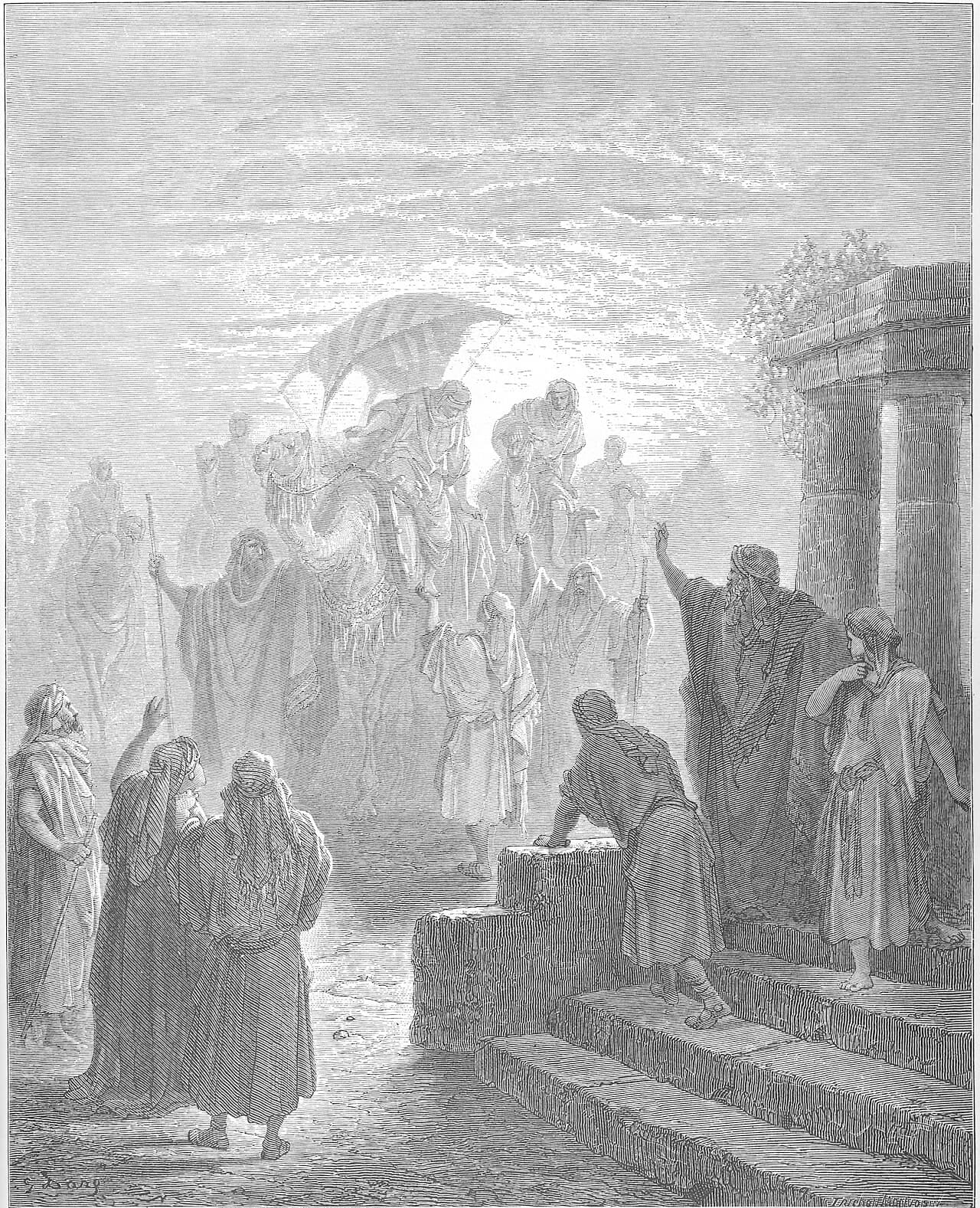 A caravan of camels arrives at the edge of a town at evening, a veiled woman seated high on the leading camel. Townspeople in long robes watch and point from the road and from stone steps beside a columned building.