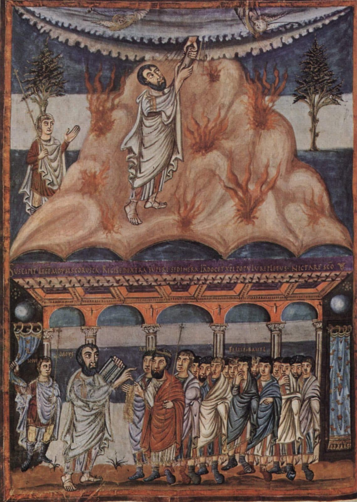In the upper half Moses stands on a mountain marked with flames and takes the law from a hand reaching down out of the sky while Joshua watches at the left. In the lower half Moses holds a book and speaks to Aaron and a crowd of Israelites under an arcade.
