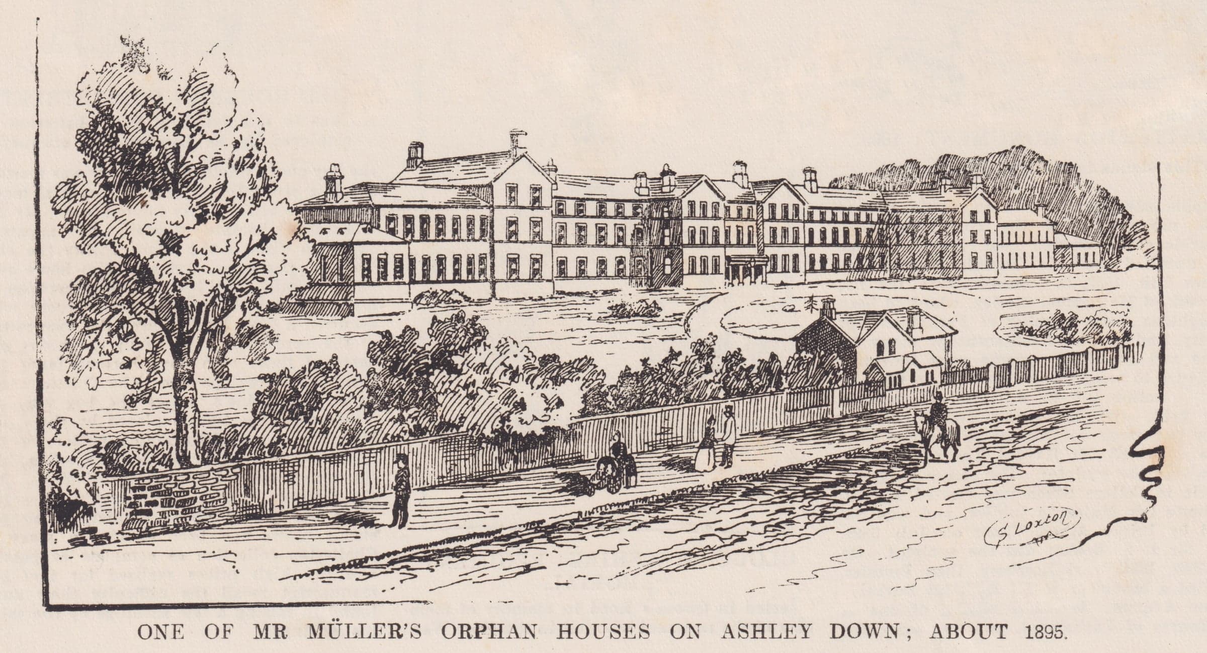 A pen drawing of a long three-storey orphan house on Ashley Down, with rows of windows, a garden wall and a road where a carriage and a few walkers pass.