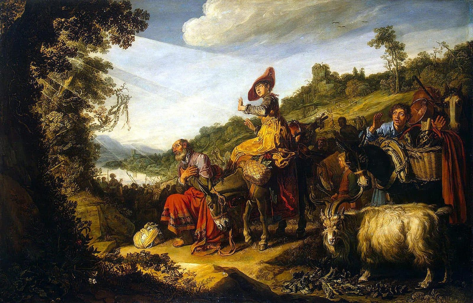 An old bearded man in a red robe kneels by the road with his hands on his chest and looks up at rays of light breaking through the sky, while a woman in a yellow dress and red hat on a donkey raises her hand, a young man beside the laden pack animals throws up his hands, and a white goat stands in front