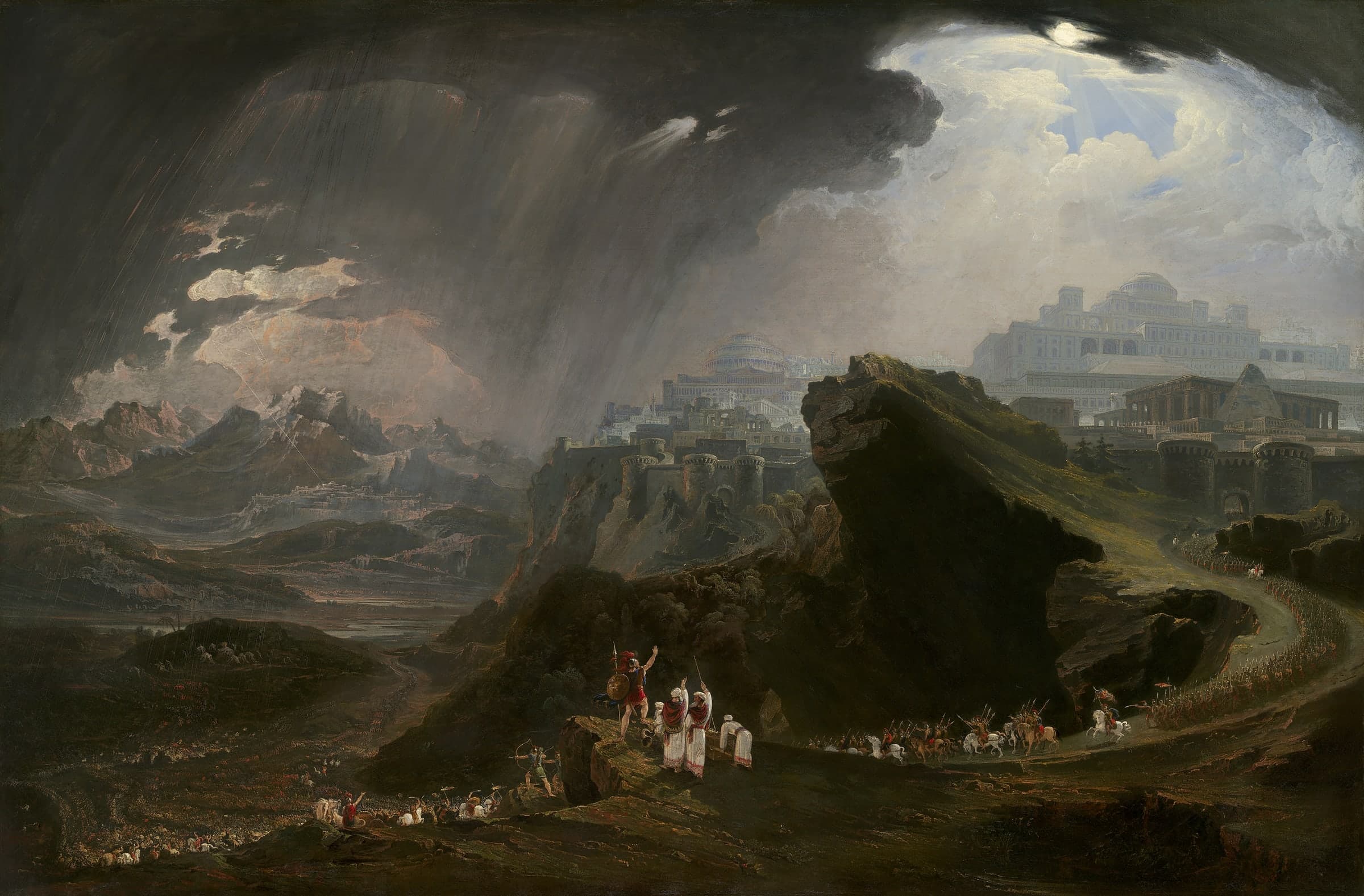 A storm breaks over a mountain valley; on a rock in the foreground Joshua raises his arm to the sky while an army pours along a winding road below a walled city, and a shaft of light falls through the clouds on the right.