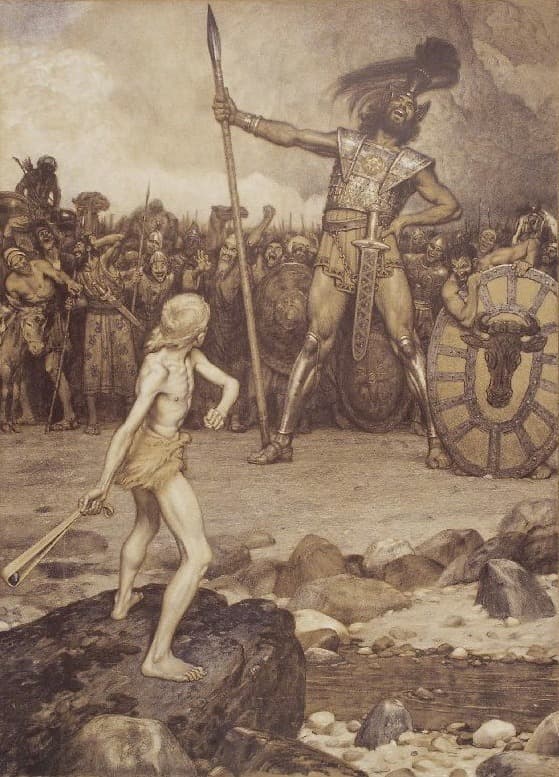 A barefoot shepherd boy with a sling faces a giant armoured warrior holding a spear, with the Philistine army jeering behind him and a stream at the boy's feet