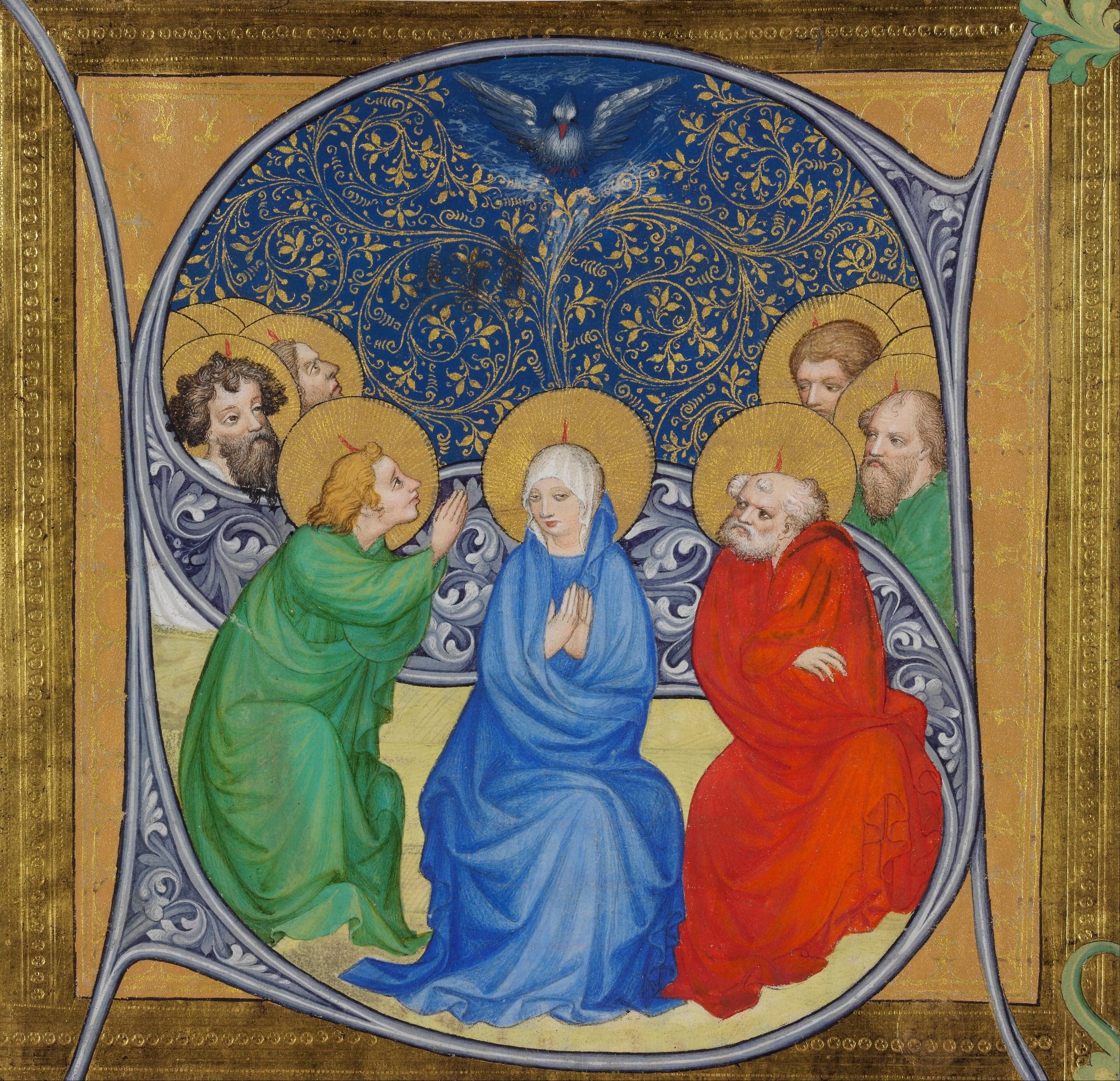 Inside a gilded initial letter, Mary in blue sits among the apostles, each with a small flame above the head, beneath a dove on a blue ground.