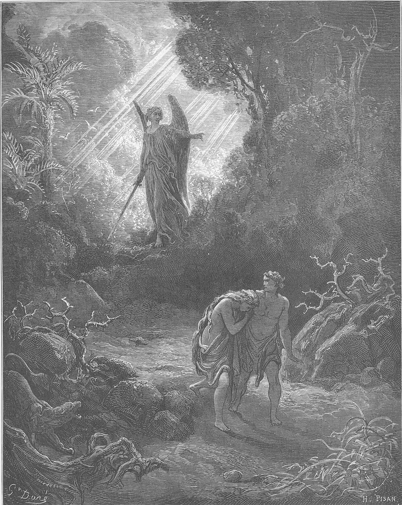 A winged figure holding a sword stands in a shaft of light on a rise and points the way out, while Adam and Eve walk down a rocky path below, Eve bowed against Adam's shoulder