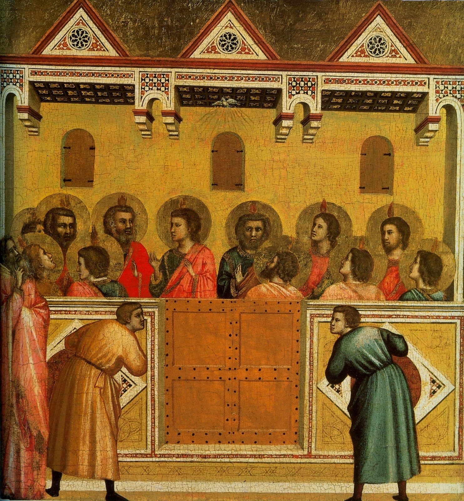 The twelve apostles seated together in an upper room, a flame over each head and a dove above them, while men outside the closed door lean in to listen