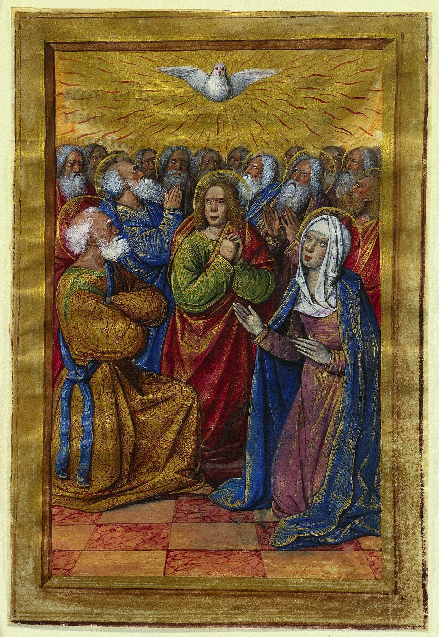 The apostles and Mary kneel and stand together under a white dove whose golden rays fill the top of a gilded frame, Peter in a gold robe in front and Mary in blue at his side.