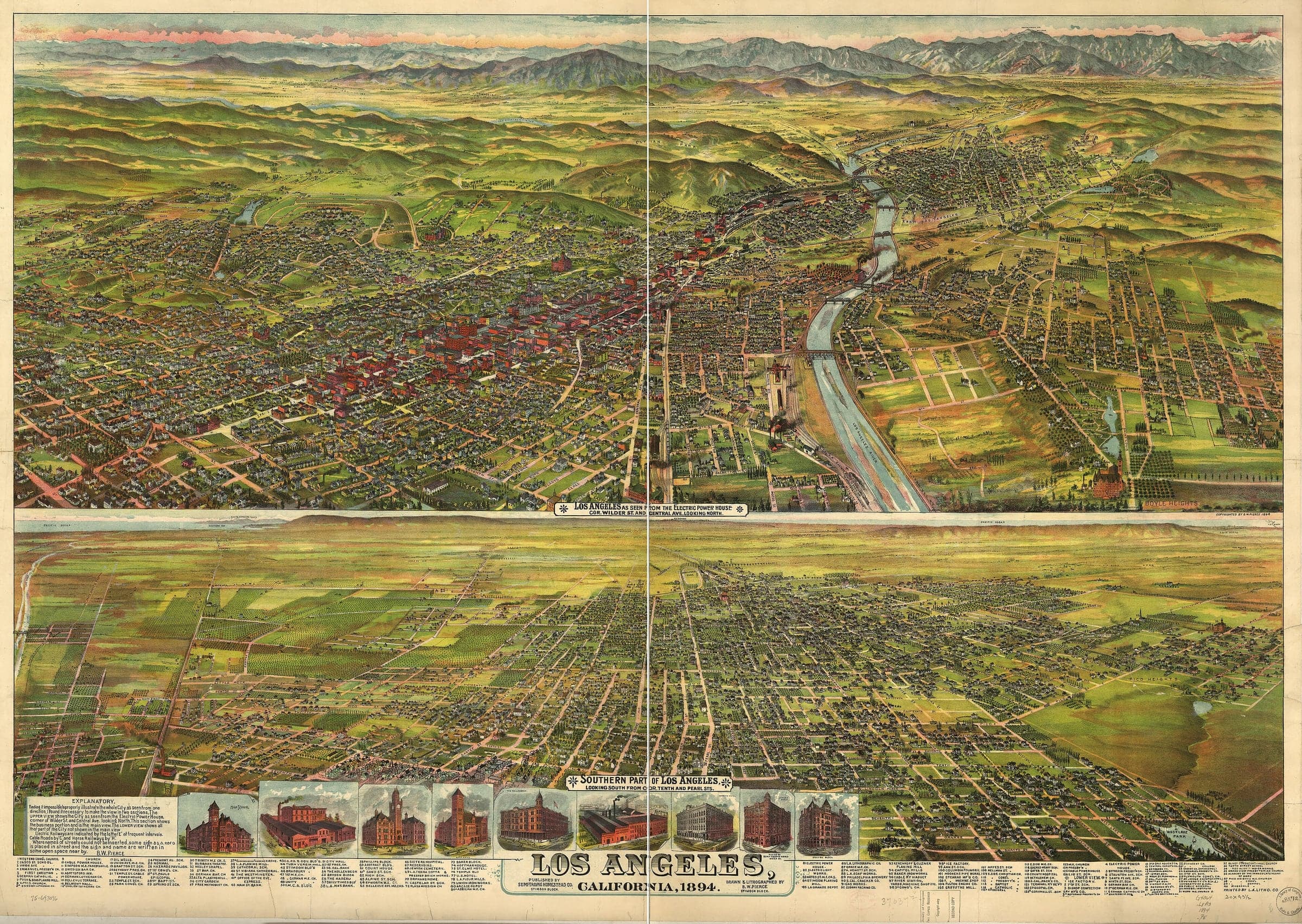 A coloured bird's-eye view of Los Angeles in two panels, the city's streets and the river below hills and mountains, with buildings drawn along the foot.
