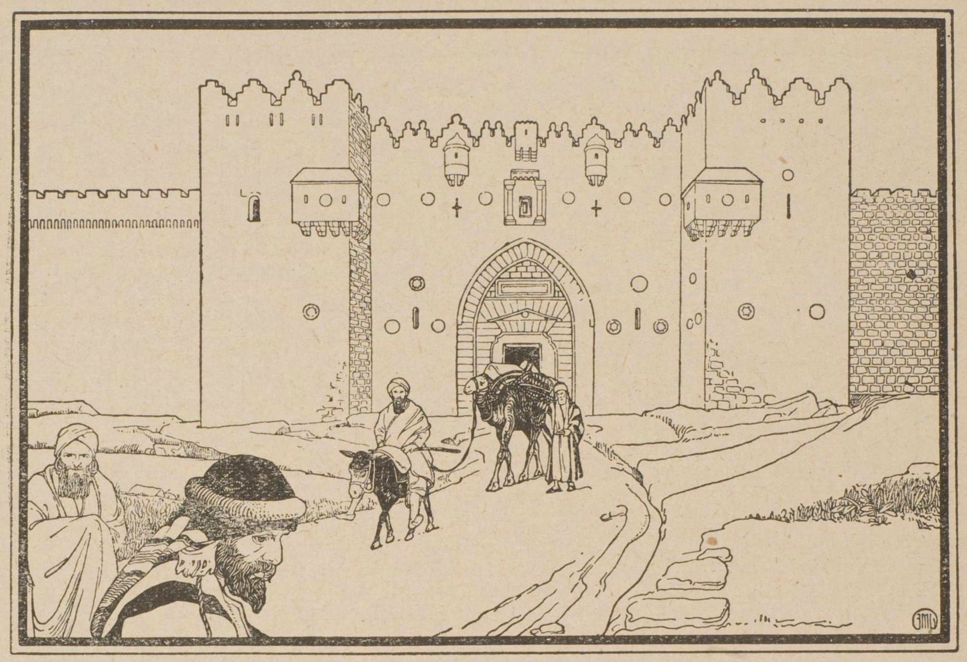 A black and white drawing of a walled city gate with two square towers and an arched doorway, a man riding a donkey and another leading a camel along the road toward it, and two bearded men in turbans in the left foreground.