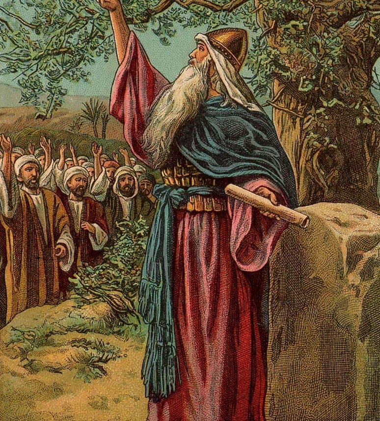 Joshua, white-bearded in a red robe and a blue mantle with a golden helmet, stands under a great oak with his right arm raised and a scroll in his left hand, beside a large grey stone. On the left a crowd of elders in turbans raise their hands toward him.