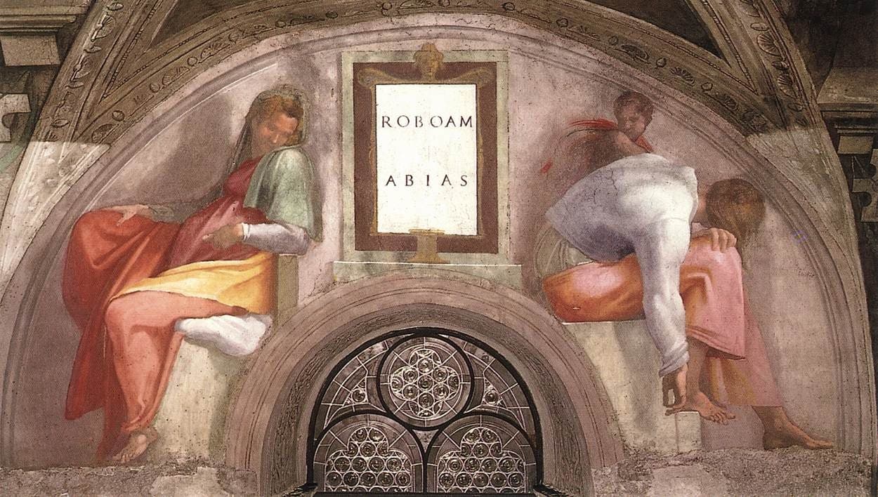 Michelangelo's half-moon fresco above a chapel window, with a seated woman in red and green at the left, a tablet lettered ROBOAM ABIAS at the centre, and a figure in white bending forward at the right