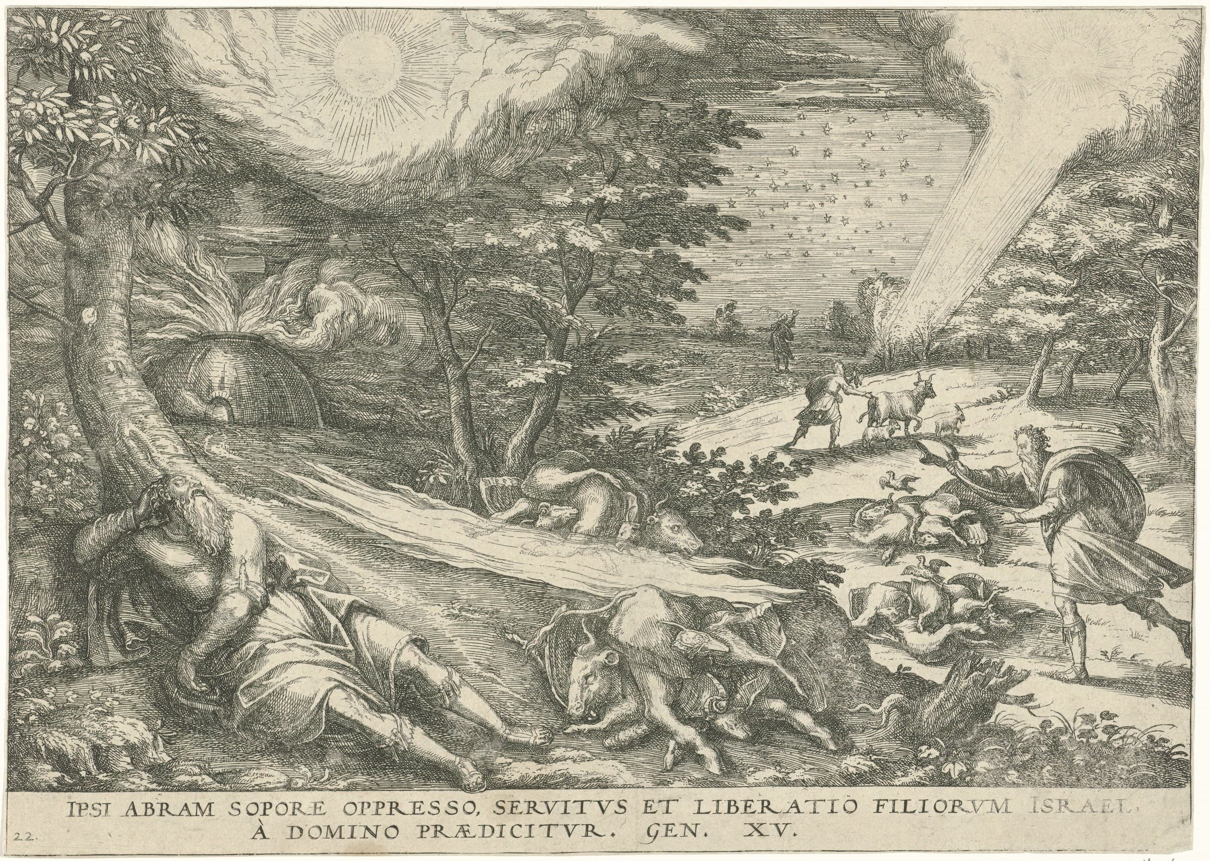 Abram sleeps against a tree in the foreground beside the halved animals, a smoking oven stands at the left with a band of fire running between the pieces, and at the right Abram drives the birds of prey from the carcasses under a sky full of stars.