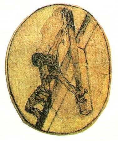 A small oval sketch of Christ hanging forward from the cross, drawn as if seen from above and to one side