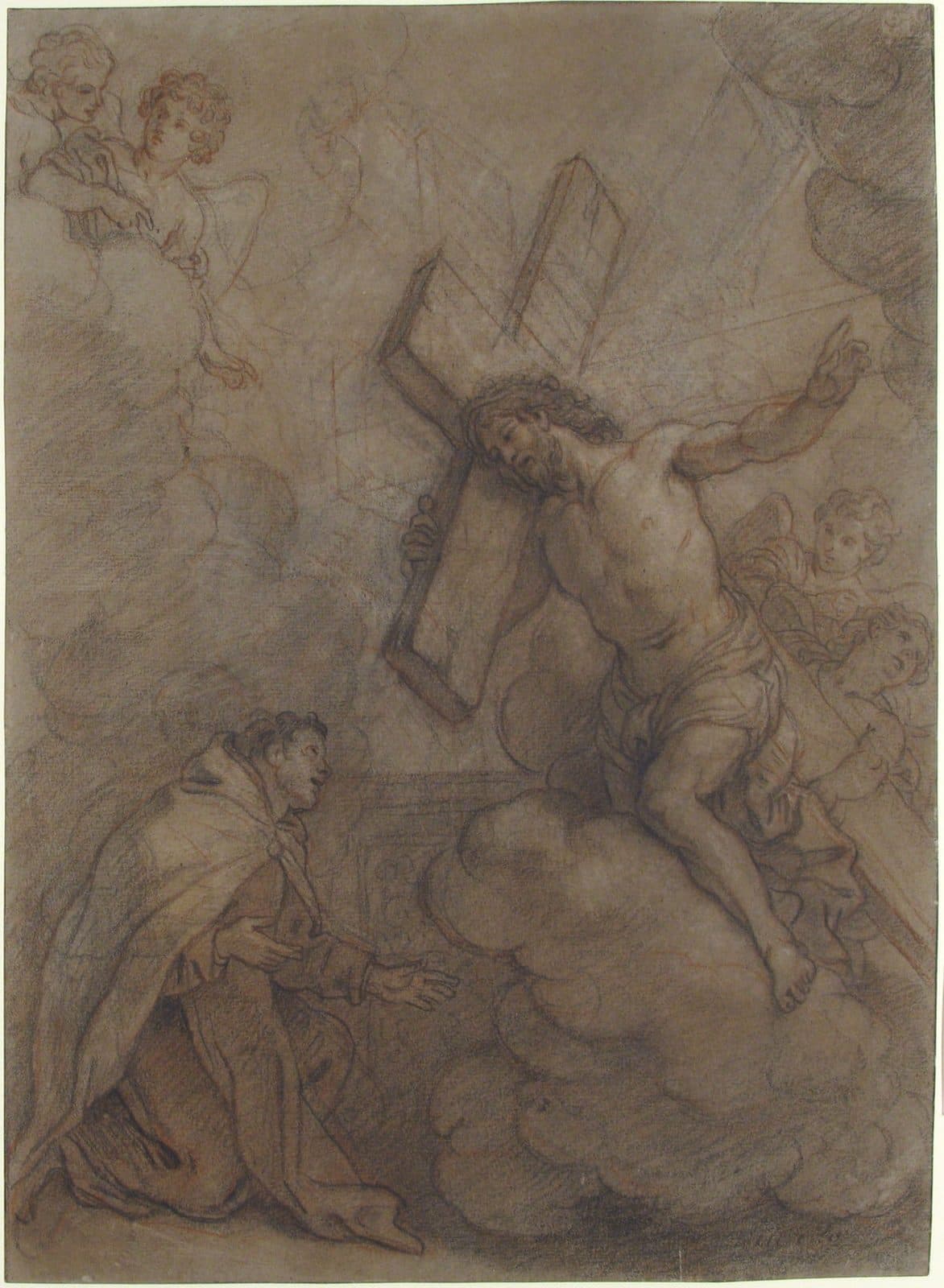Christ, carrying His cross on a bank of cloud with angels about Him, turns toward a friar in a hooded cloak who kneels below with one hand held out