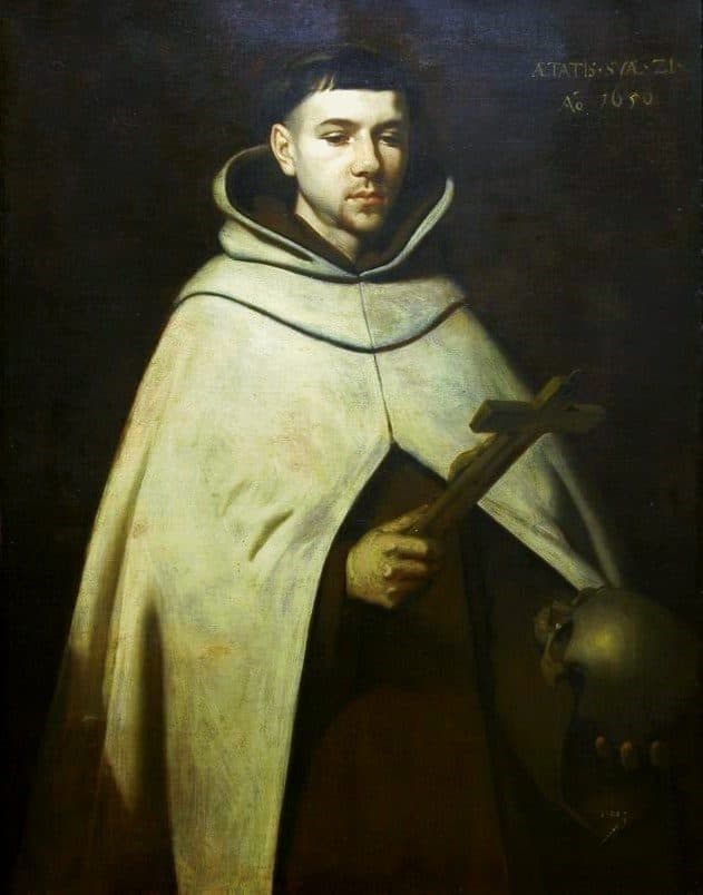 John of the Cross in the white cloak and hood of his order holds a small cross against a dark ground, with a skull beside his hand