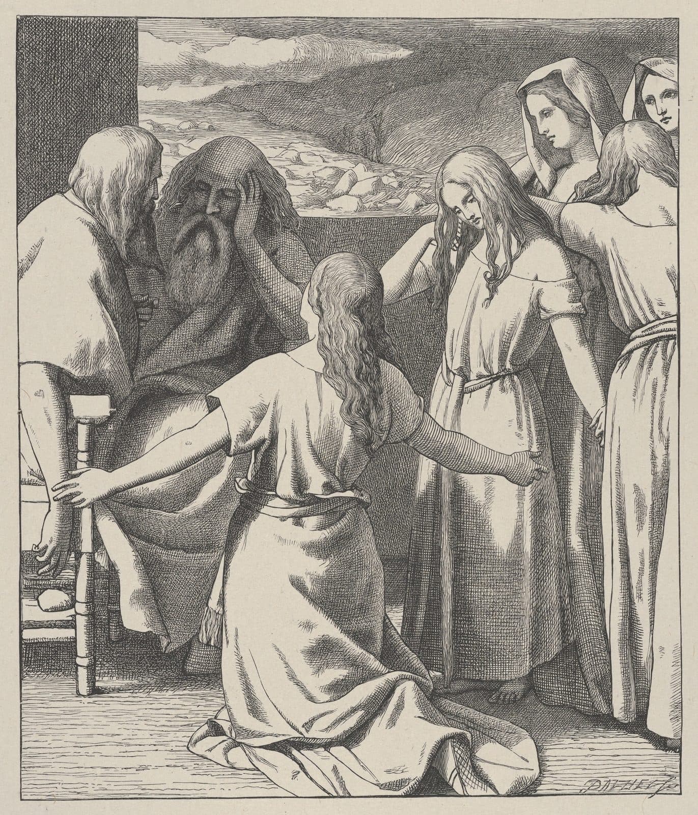 An engraving of two old bearded men seated at the left, one with his hand at his brow, while a young woman kneels and stretches her arm toward them and four more young women in long robes stand behind her with bowed heads, a hilly landscape seen through the opening behind.