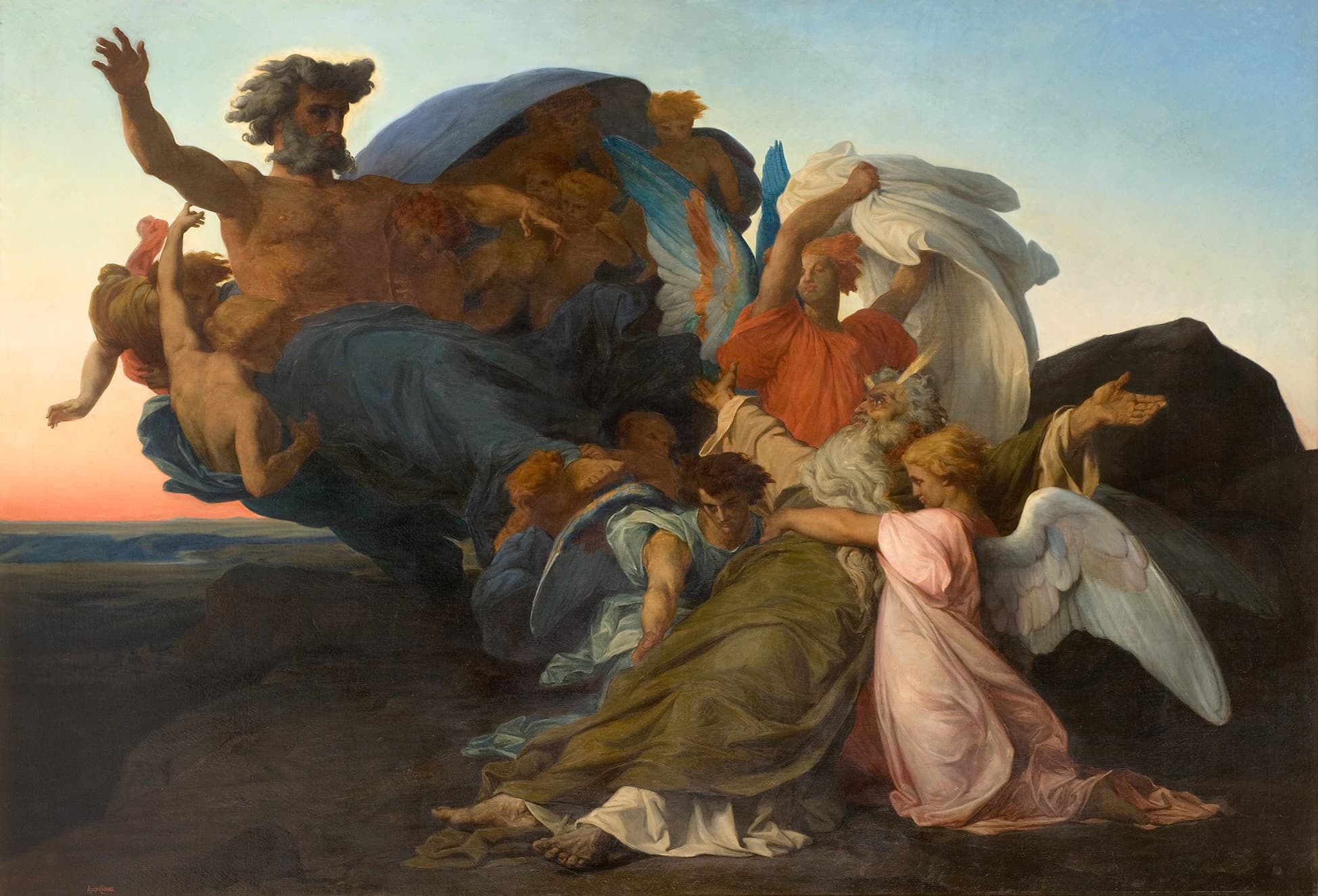 On a dark mountaintop at dusk, angels hold the white-bearded Moses as he sinks to the ground, while a bearded figure in a blue mantle sweeps overhead with a crowd of winged children, and a plain stretches away to the horizon at the left.