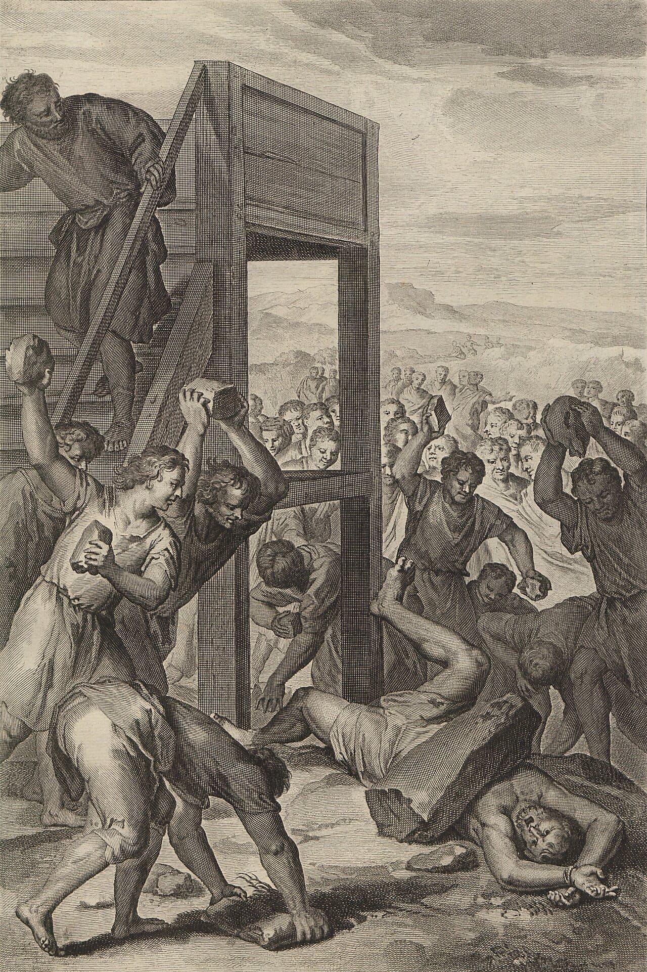 Beside a tall wooden gate frame, men raise stones over their heads and throw them at the condemned man, who lies bound on the ground, while a man on the stairway above looks down and a crowd presses in from the plain beyond.