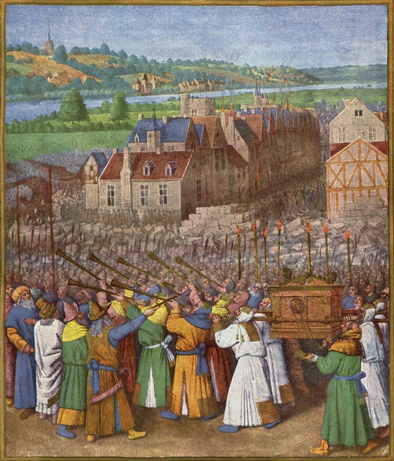 Priests in white robes carry the golden ark on poles while men in green, yellow and blue robes raise long trumpets toward a walled town, its stones fallen in heaps and flames rising from its roofs, with a river and green hills behind.