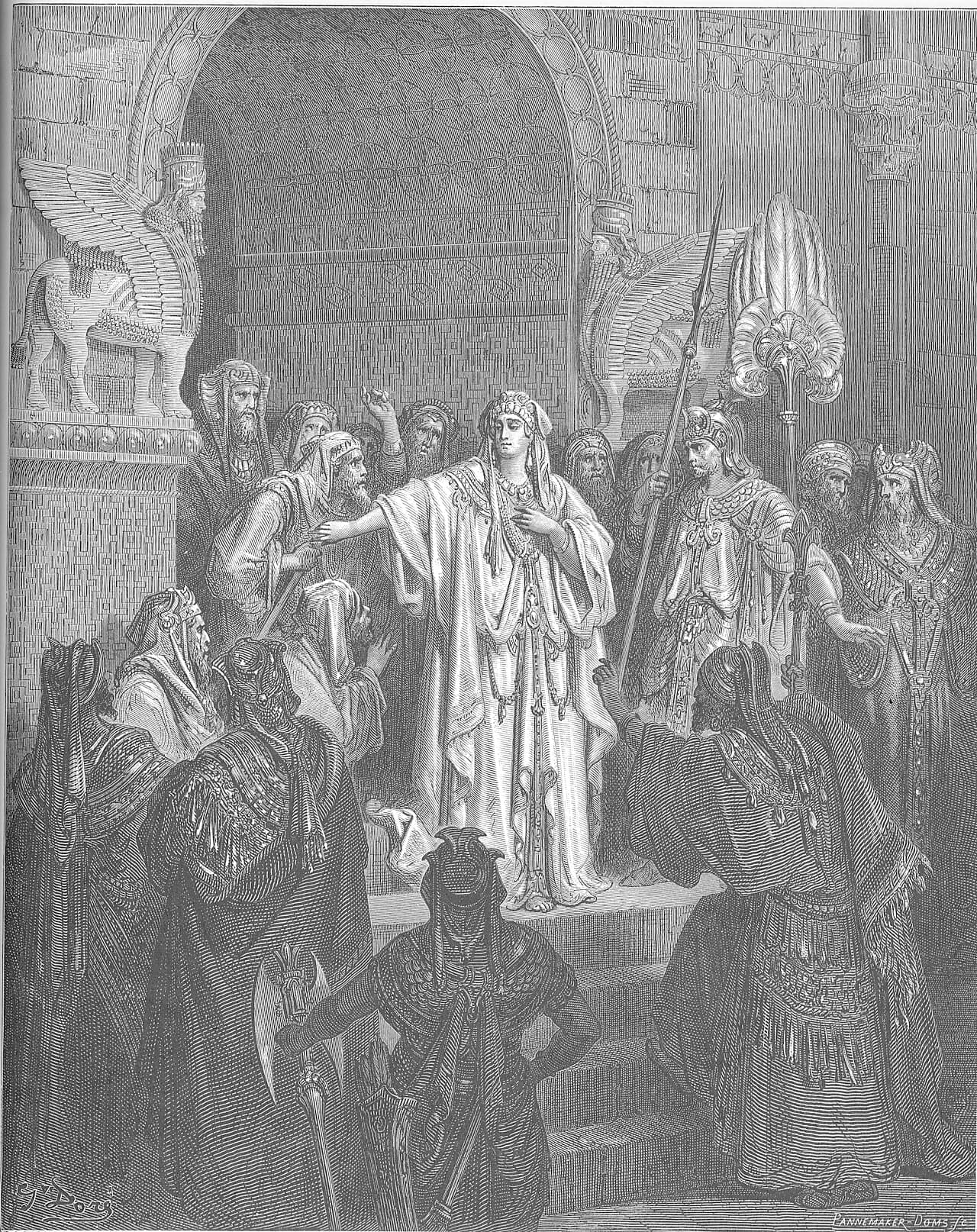 A queen in a long white robe and a veil stands on a palace step with one hand on her breast and her other arm held out, while robed courtiers and a guard holding a spear crowd around her beneath carved winged bulls with crowned human heads.