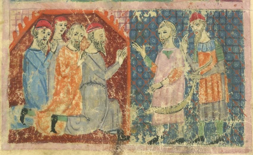 A painted miniature in two panels: on the left, four bearded men in red caps and coloured robes kneel with raised hands on a red ground; on the right, two men stand on a blue patterned ground, one raising his hand and the other holding a rod that curves like a serpent.