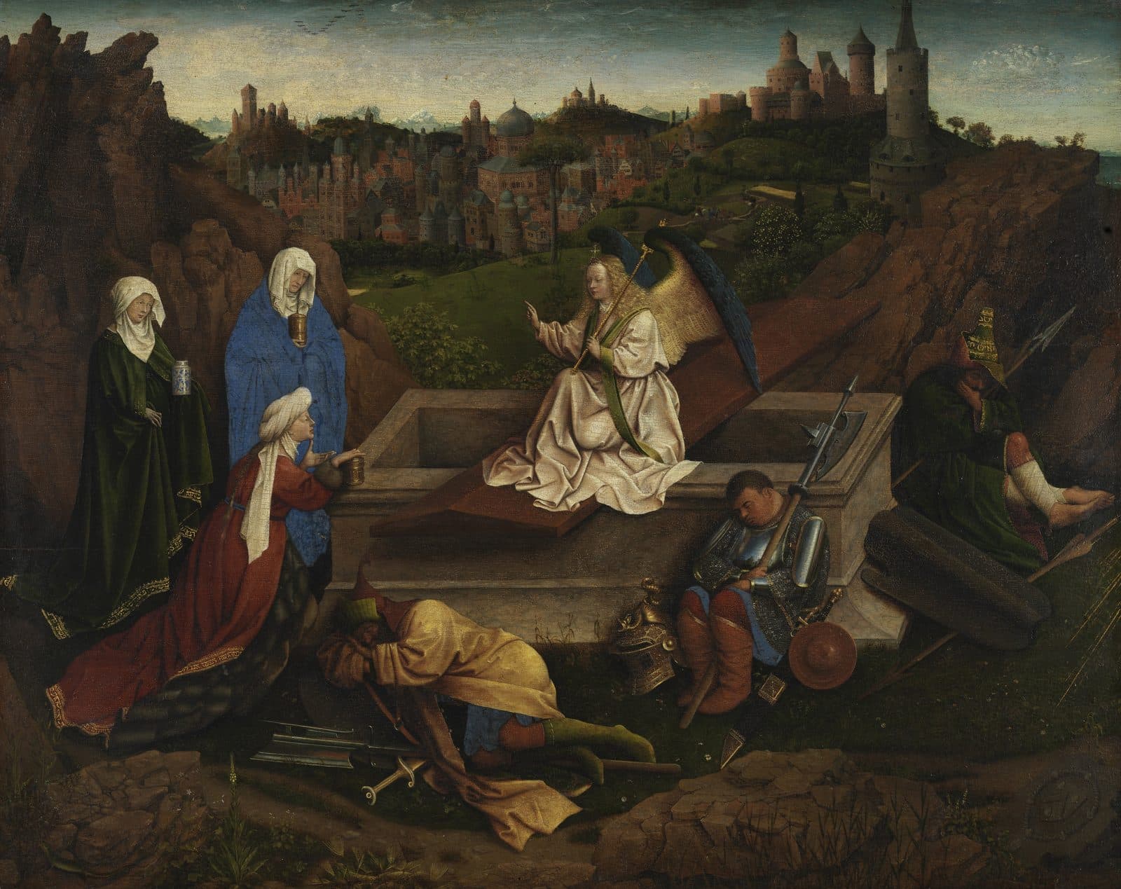 Three women holding jars of ointment stand at an open stone tomb where a winged angel sits on the lid, while soldiers sleep on the ground beside it and a walled city fills the hills behind.