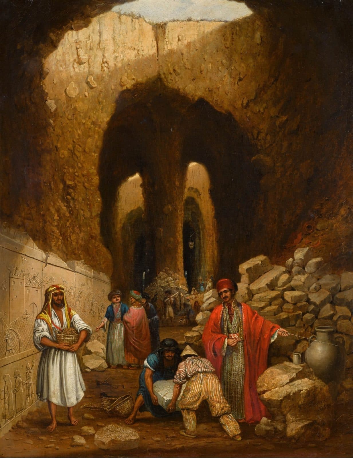 Workmen in a tunnel cut through a mound carry stones past carved reliefs on the left wall, while a man in a red robe watches.