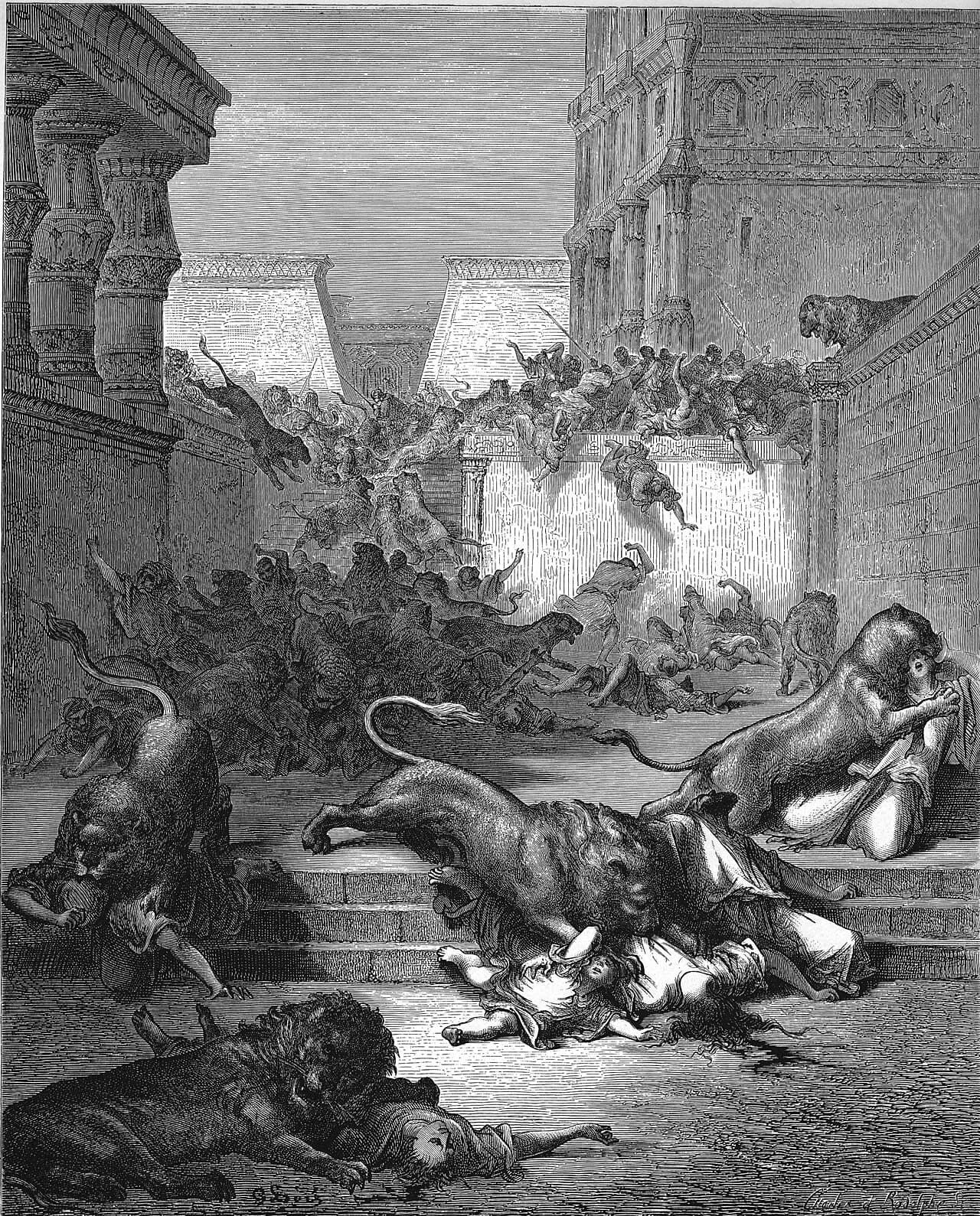 Lions leap down the steps and through the streets of a walled city among a fleeing crowd, and in the foreground they maul the men and women they have brought down