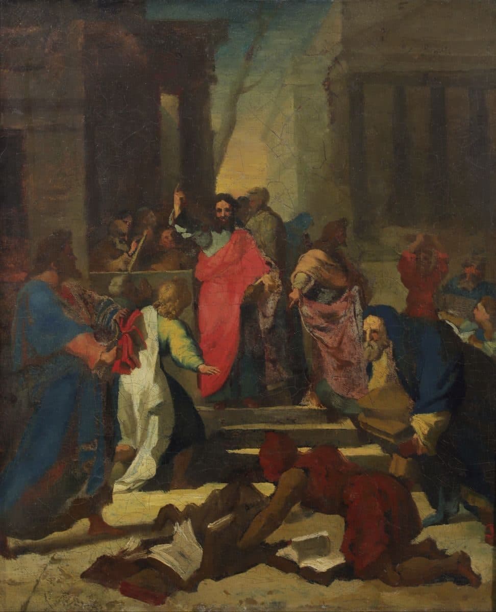 Paul in a red cloak stands on temple steps with one hand raised, while men kneel before him and lay books on the ground