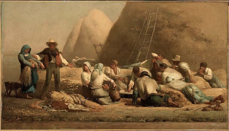 Reapers sit and lie in a circle at their meal before tall stacks of sheaves, with a ladder against one stack; at the left a man in a straw hat stands beside a young woman holding a sheaf and points toward them, and a dog stands behind her.