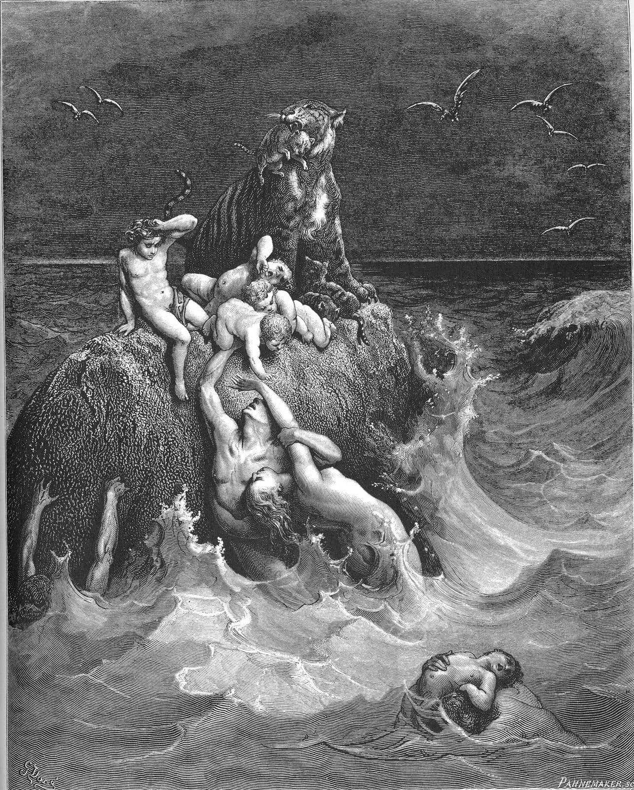 On a rock in a rising sea, a tiger crouches above a cluster of children. A man and a woman cling to the rock below.