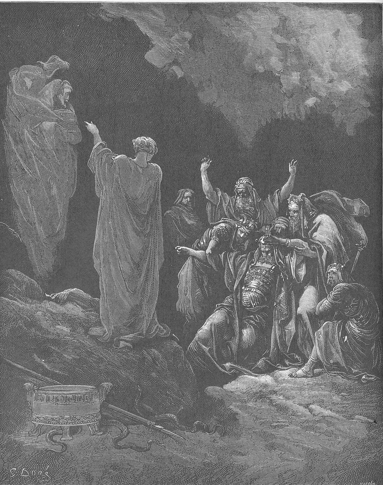 On a rocky height a robed woman, seen from behind, points at an old man wrapped in a mantle who rises in the air at the left, while a crowned king in armour lies fallen among his men at the right, and a brazier and a spear lie on the ground below.