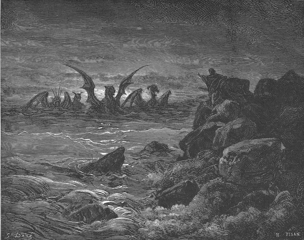 Gustave Doré's engraving of Daniel standing on dark rocks at the right, pointing across a stormy sea at a line of winged beasts rising from the water under a low moon