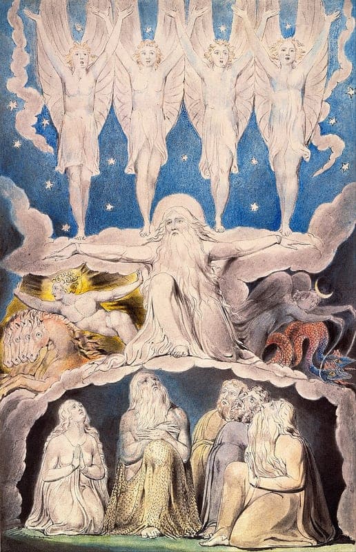 Four winged figures with raised arms stand among stars above a bearded figure who spreads his arms over the clouds. A figure with horses rides at the left and a figure with a crescent moon at the right, and below them Job, his wife and his friends kneel in a rocky hollow.