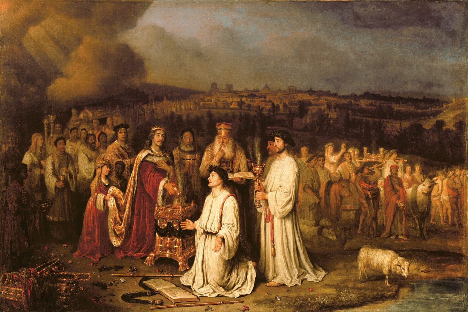 Solomon in red at a golden incense altar among priests, a figure in white kneeling before him. A procession with oxen stands at right, Jerusalem behind, and light breaks through a dark cloud at upper left.